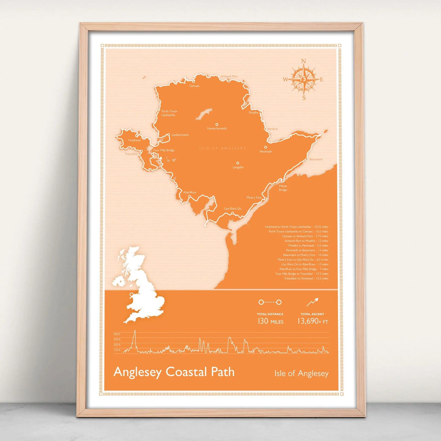Anglesey Coastal Path National Trail Personalised Map Art Print in orange from Purest Green Prints