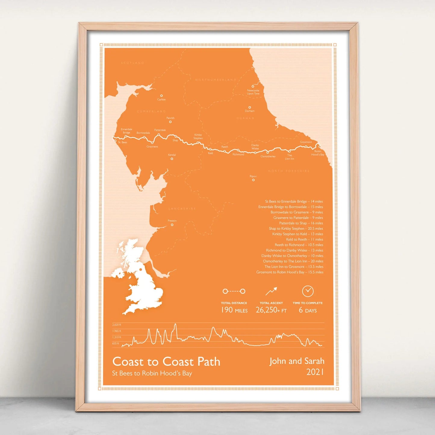 Coast to Coast Path National Trail Personalised Map Art Print in orange from Purest Green Prints