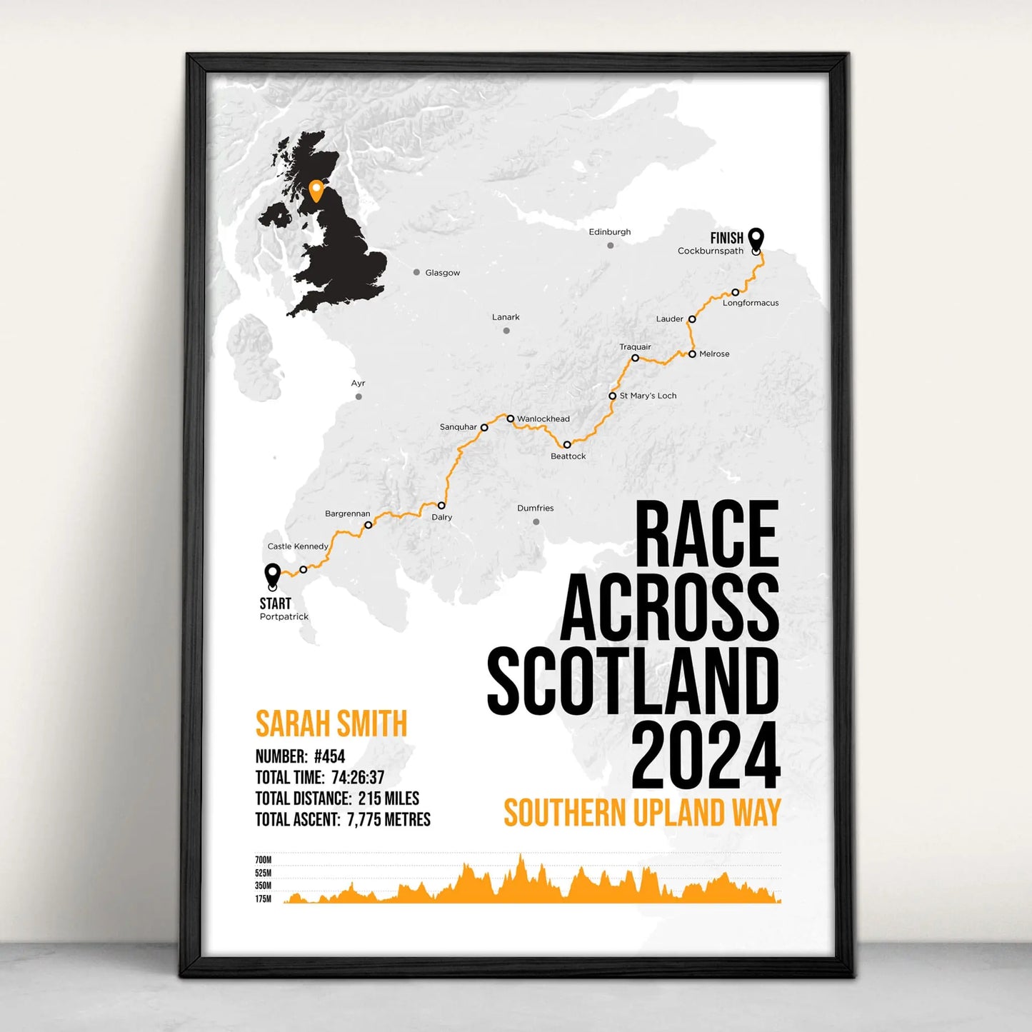 Personalised Race Across Scotland Art Print in orange from Purest Green Prints