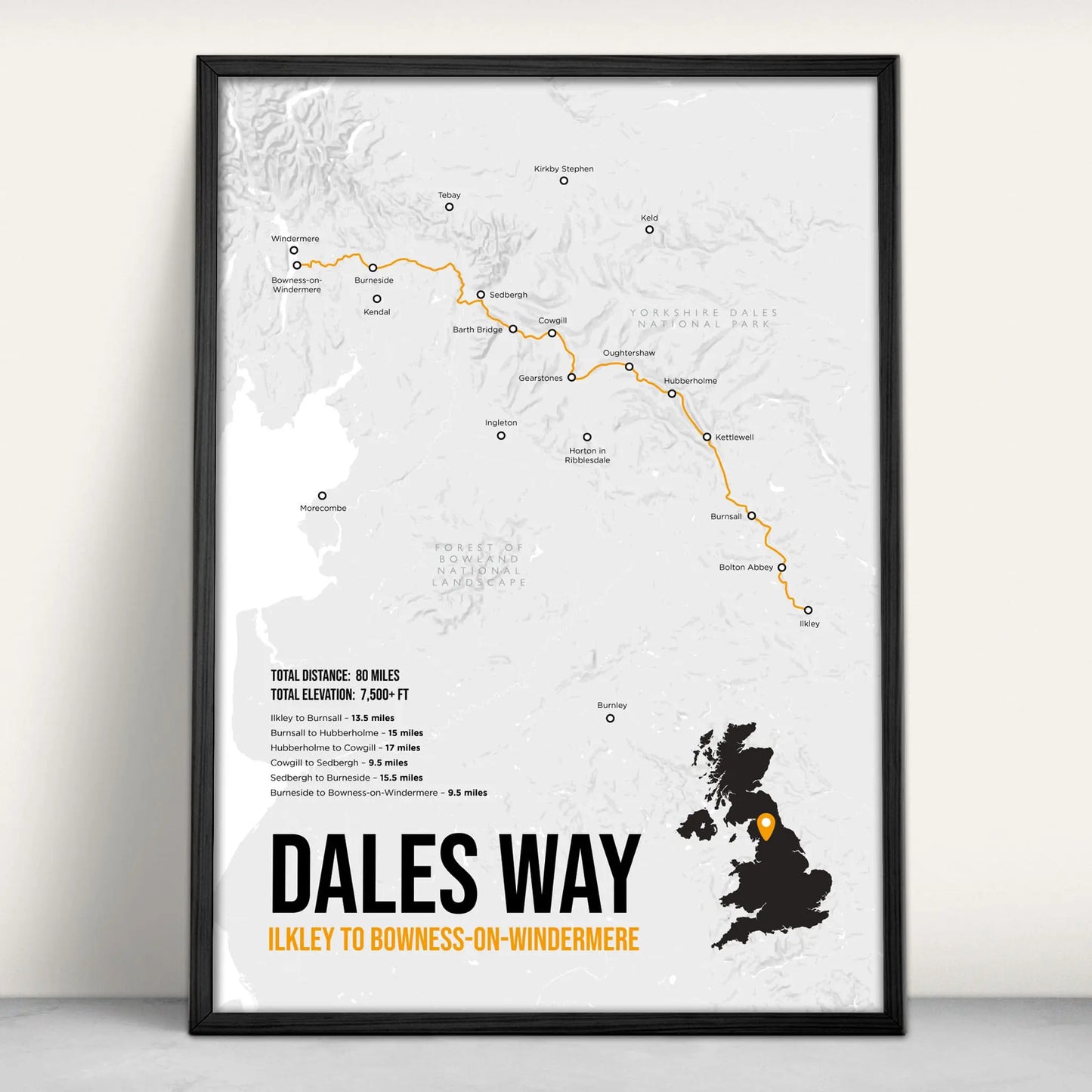 Personalised Dales Way Trail Map Art Print in orange from Purest Green Prints