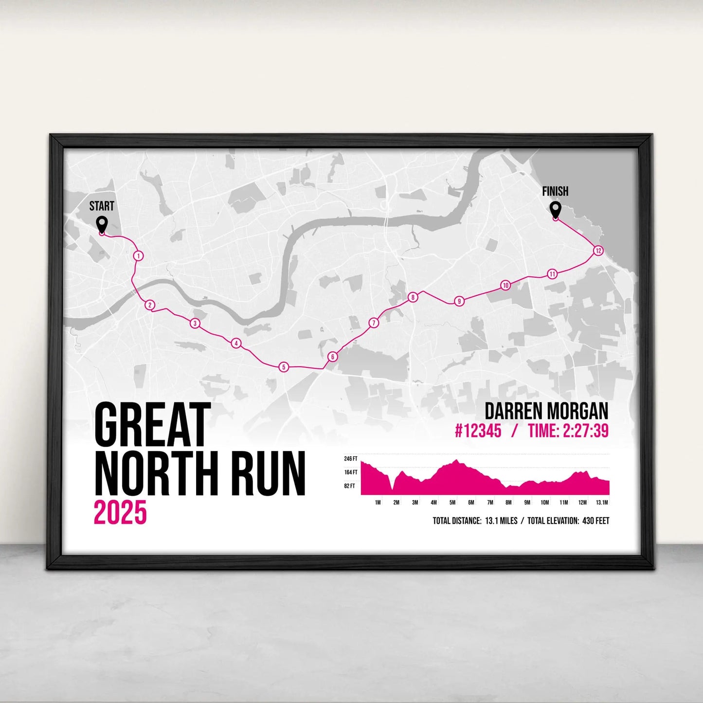 Personalised Great North Run Half Marathon Art Print in pink from Purest Green Prints