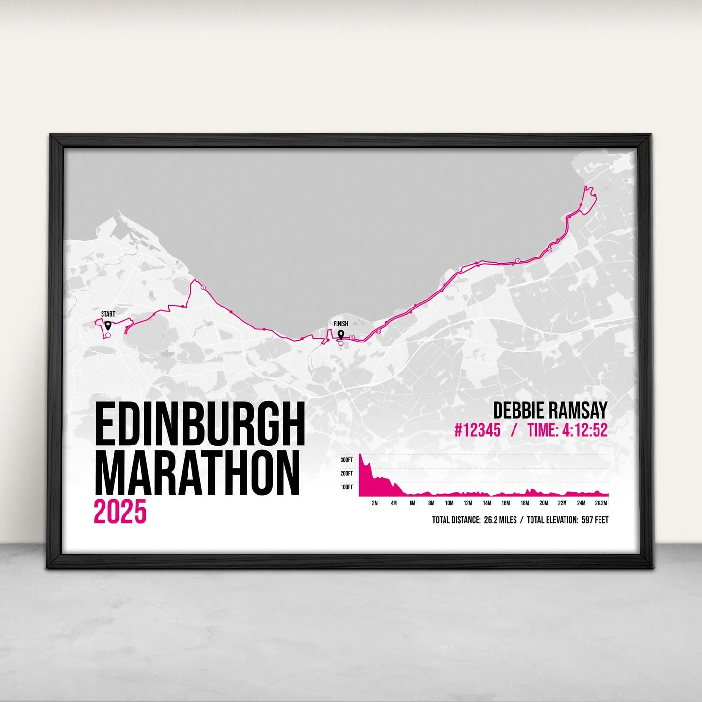 Personalised Edinburgh Marathon route map print in pink from Purest Green Prints
