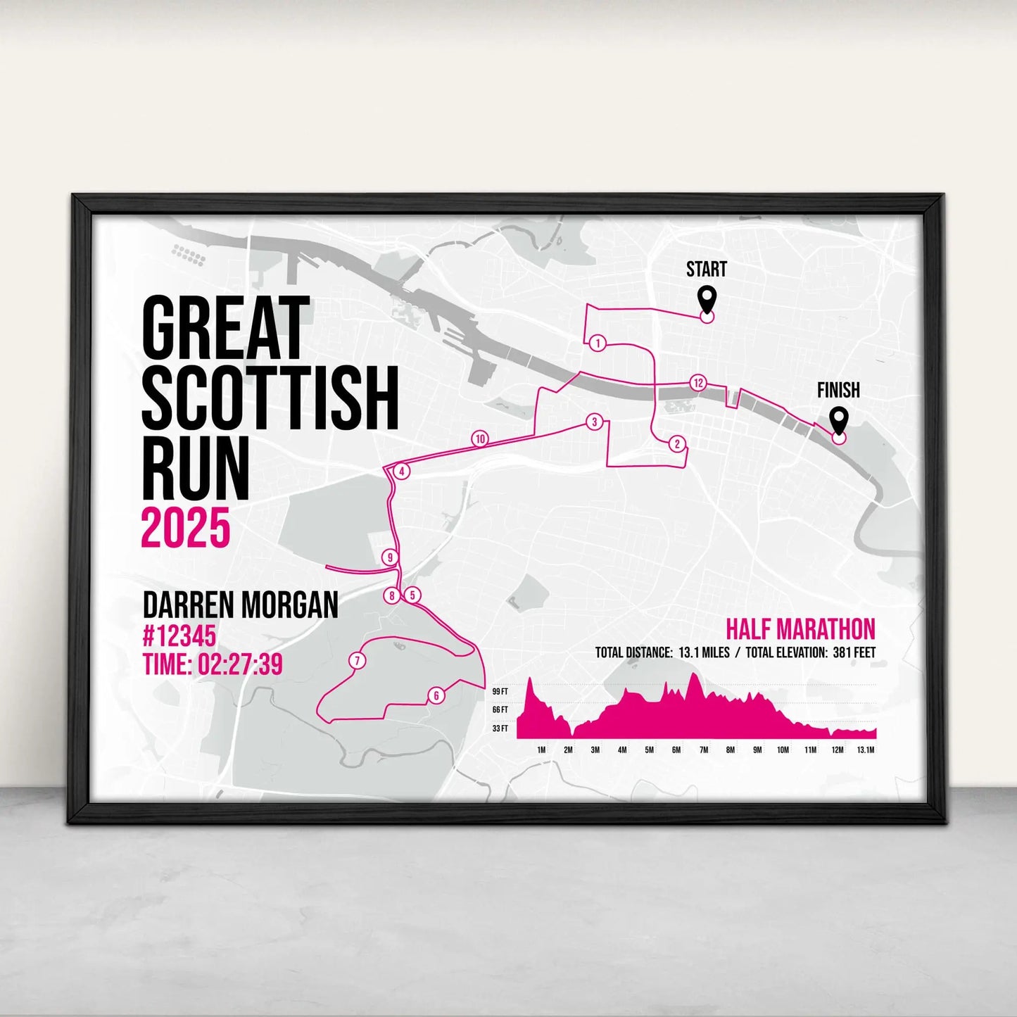 Personalised Great Scottish Run Half Marathon route map print in pink from Purest Green Prints