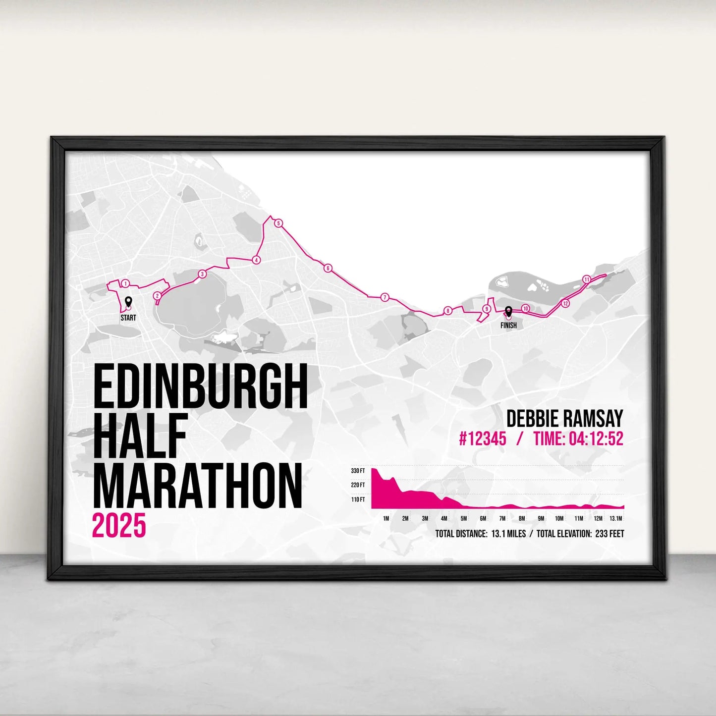 Personalised Edinburgh Half Marathon route map print in pink from Purest Green Prints