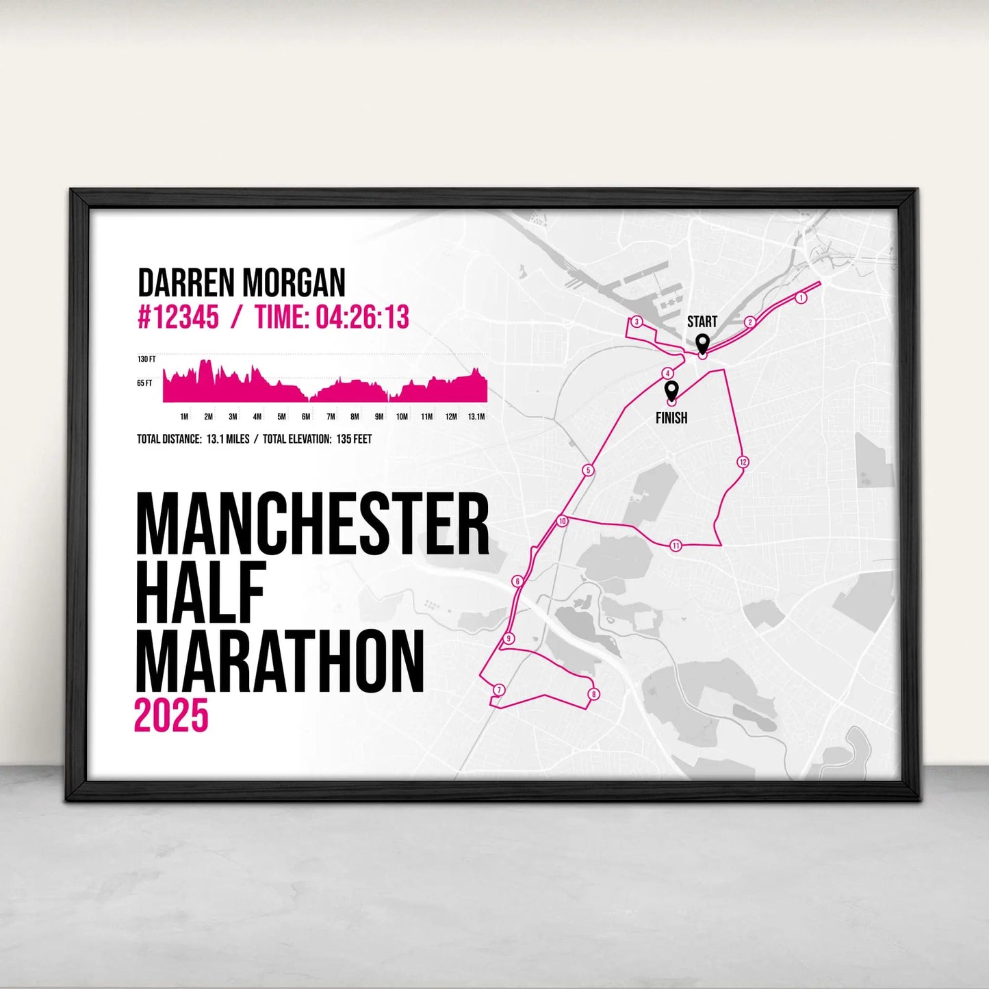Personalised Manchester Half Marathon Art Print in pink from Purest Green Prints.