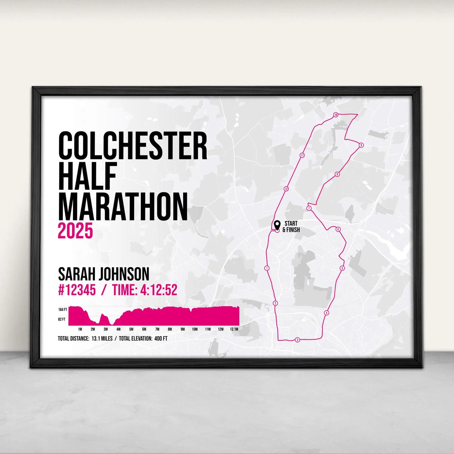 Personalised Colchester Half Marathon Art Print in pink from Purest Green Prints.