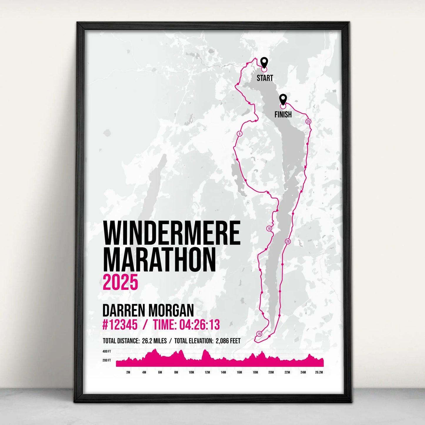 Lake Windermere Marathon Personalised Art Print in pink from Purest Green Prints