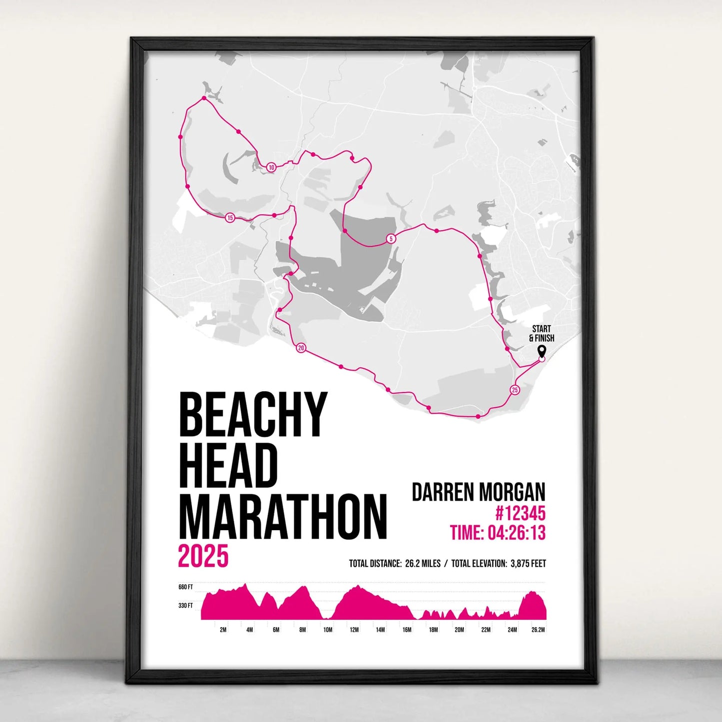 Personalised Beachy Head Marathon route map print in pink from Purest Green Prints.