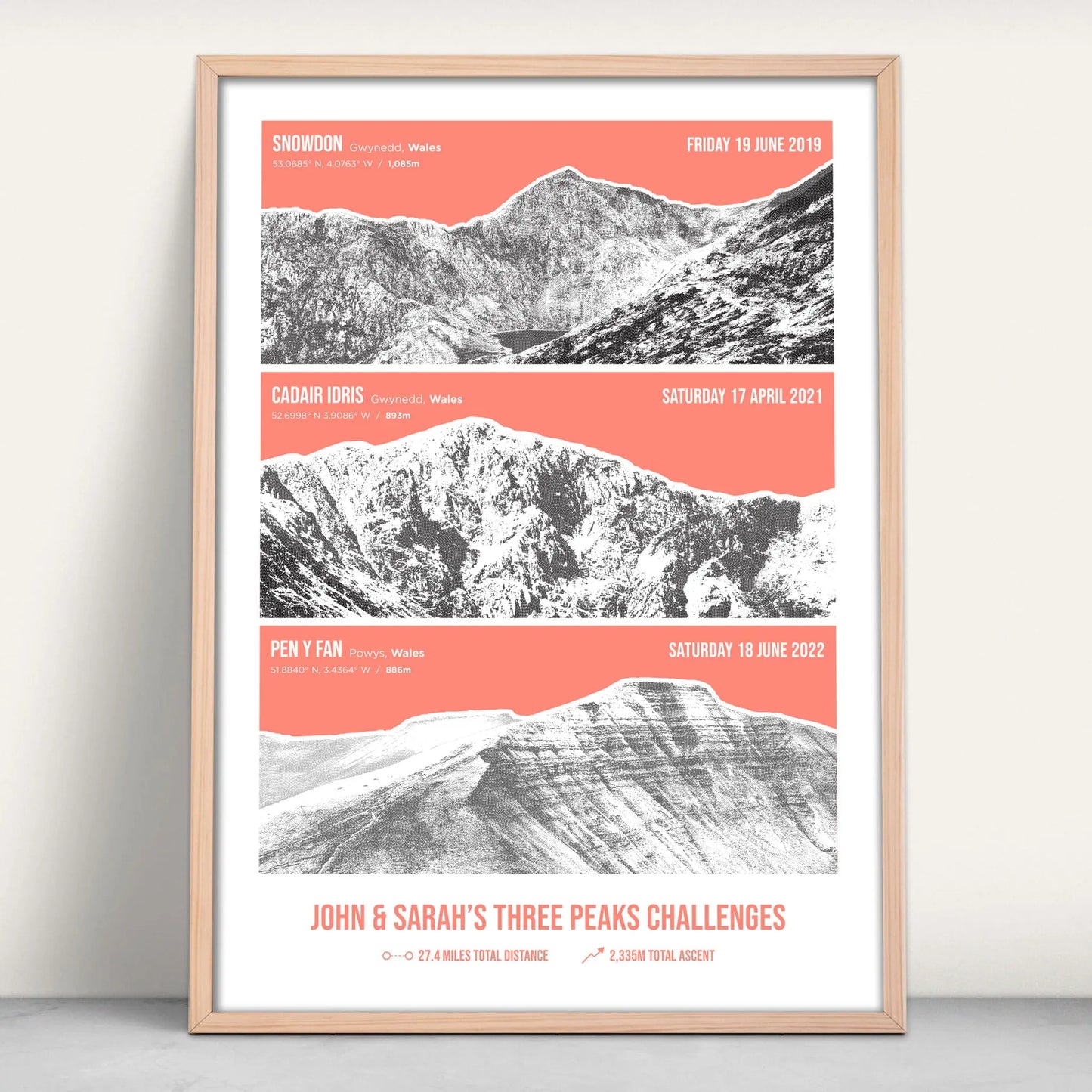 Welsh Three Peaks Challenge Personalised Art Print in pink from Purest Green Prints