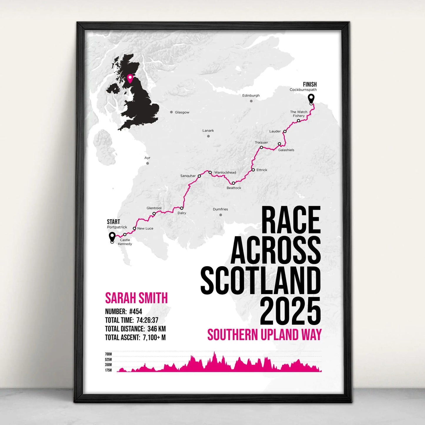 Personalised Race Across Scotland Art Print in pink from Purest Green Prints