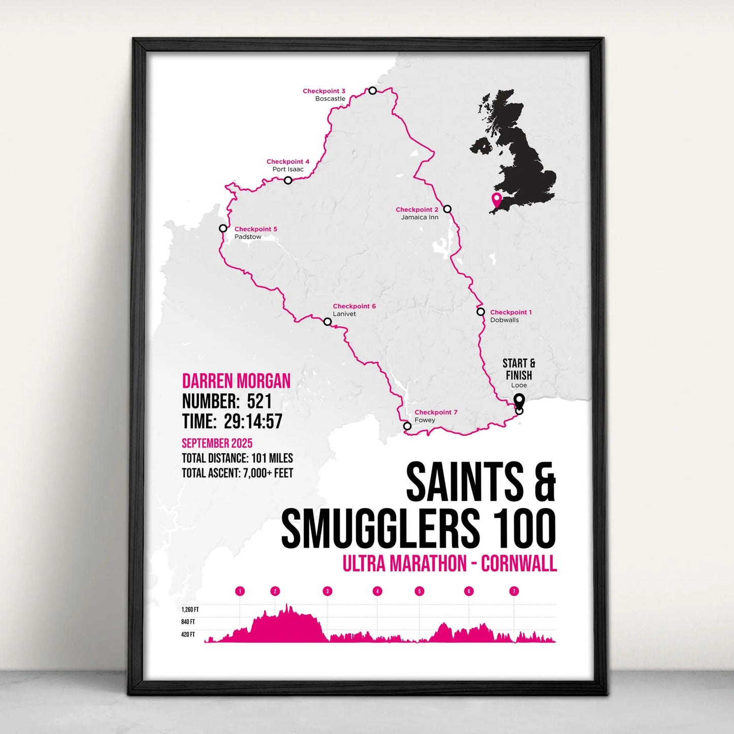 Saints and Smugglers 100 Ultra Marathon Personalised Art Print in pink from Purest Green Prints