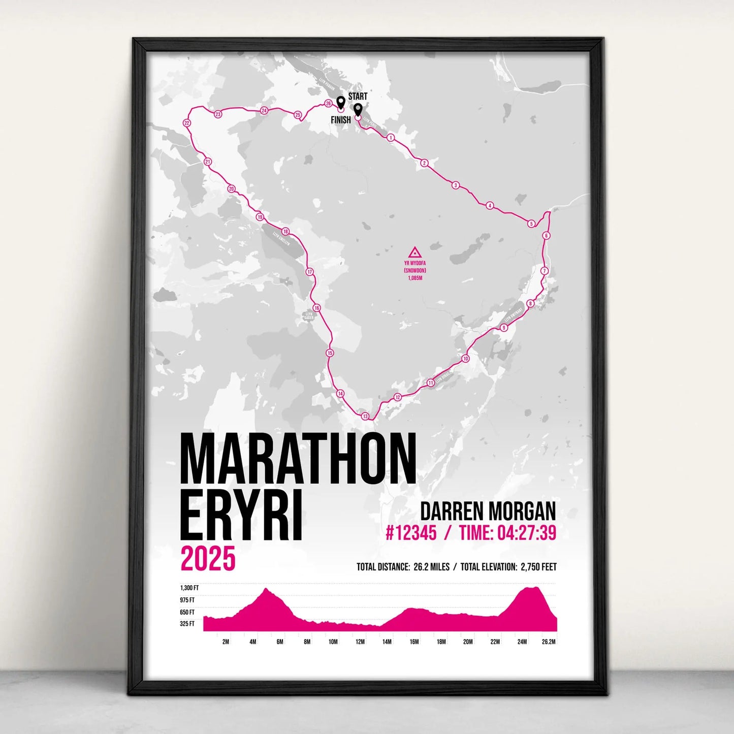 Personalised marathon Eryri Snowdonia Art Print in pink from Purest Green Prints