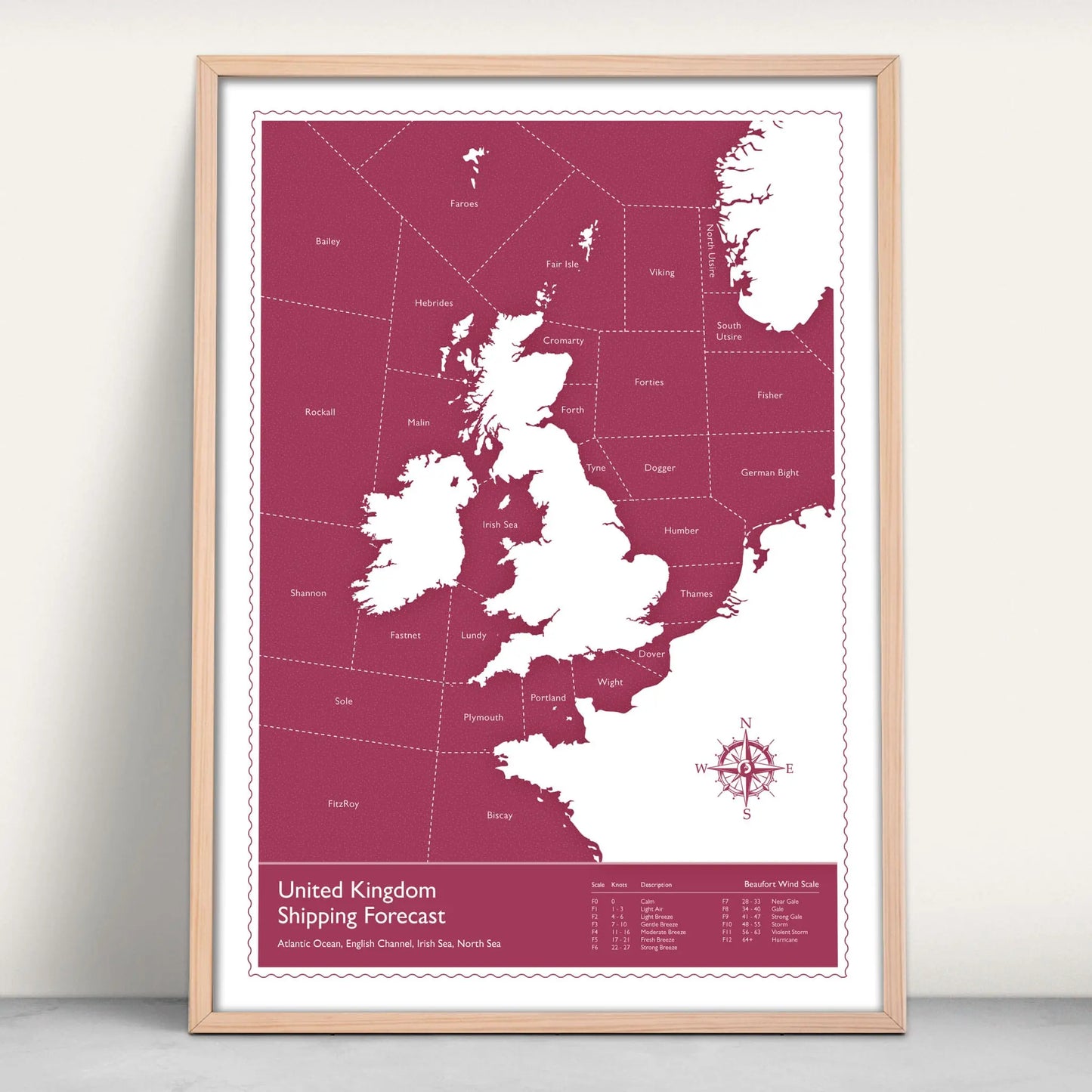 United Kingdom Shipping Forecast Map Art Print in pink from Purest Green Prints