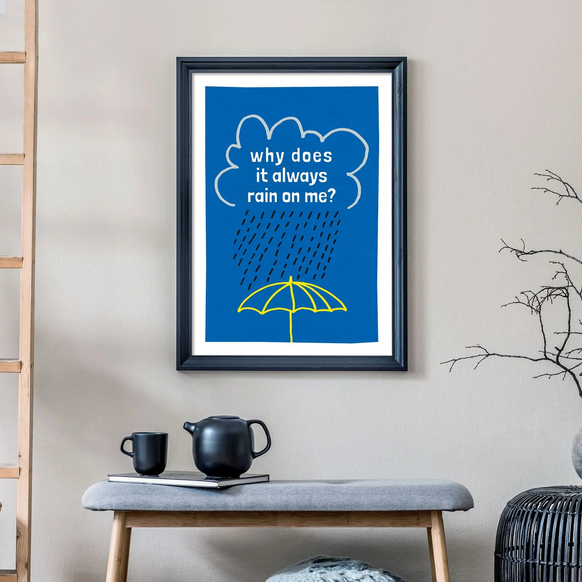 Print on wall above a bench