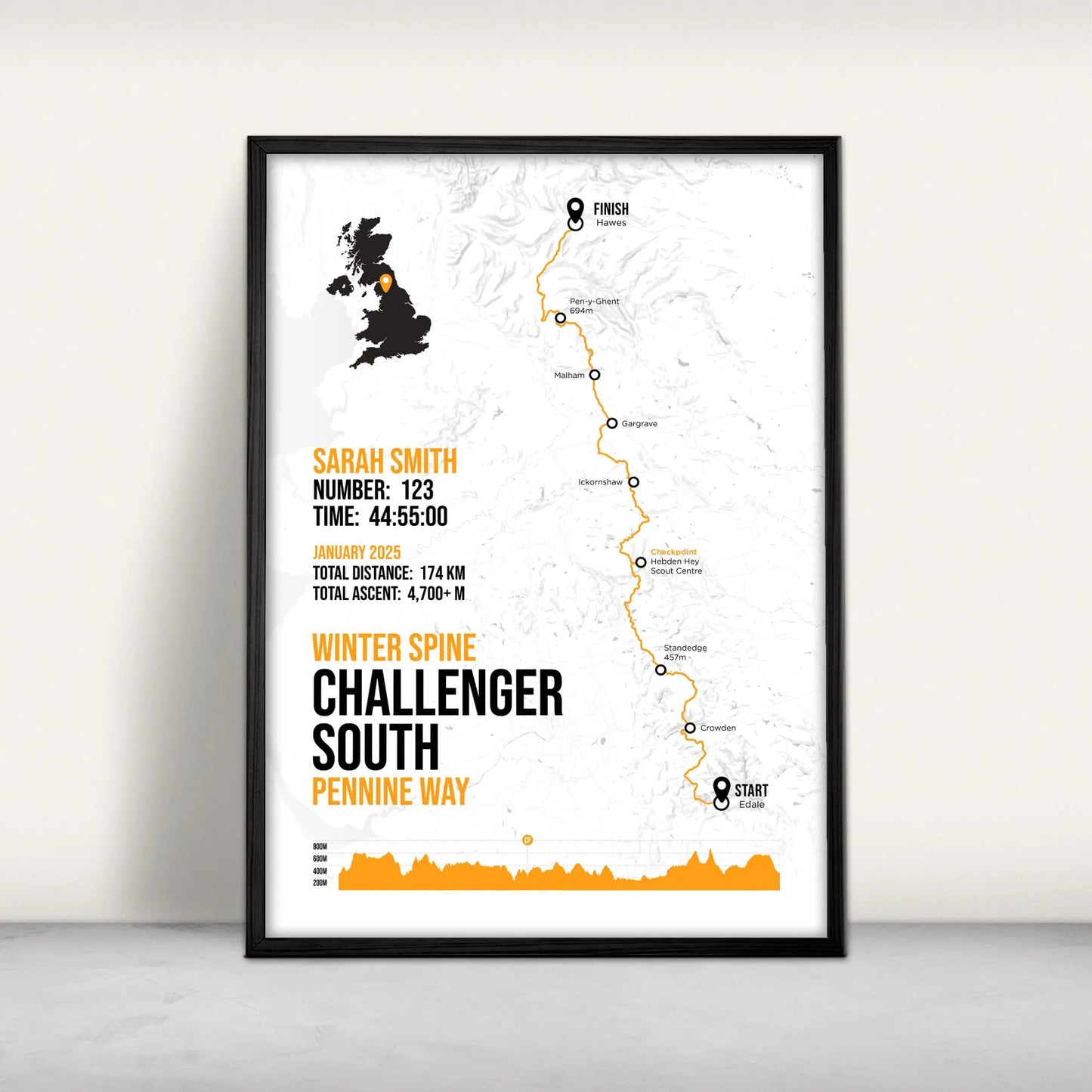 The Spine Race Challenger South Personalised Art Print in orange from Purest Green Prints