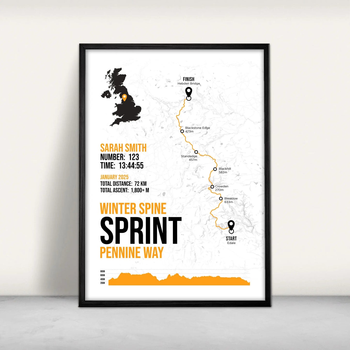 The Spine Race Sprint Personalised Art Print in orange from Purest Green Prints