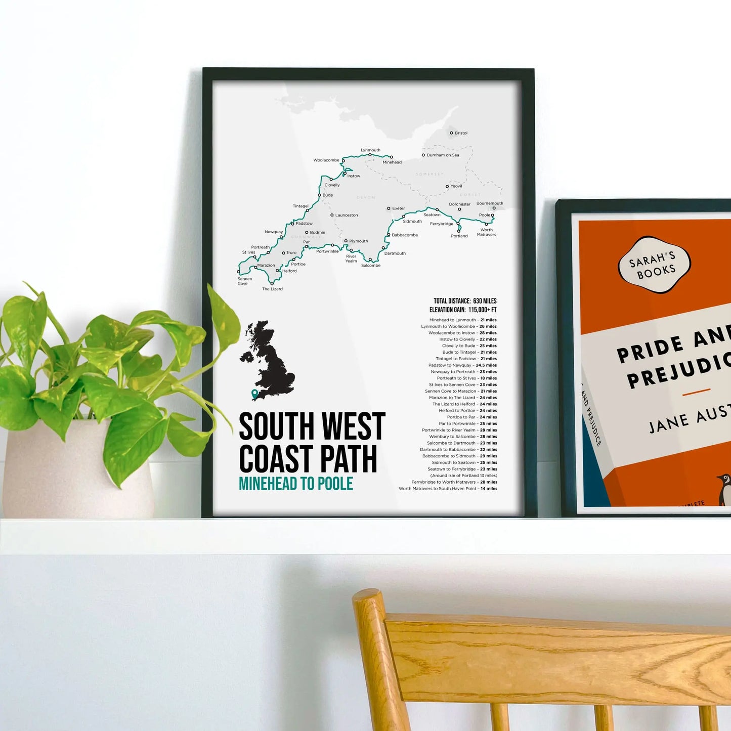 Framed picture on shelf beside a houseplant and another print.