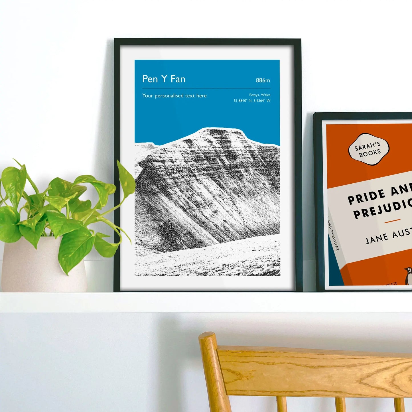 Framed picture on shelf beside a houseplant and another print.