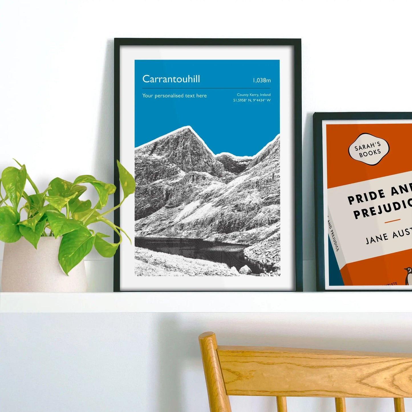 Framed picture on shelf beside a houseplant and another print.