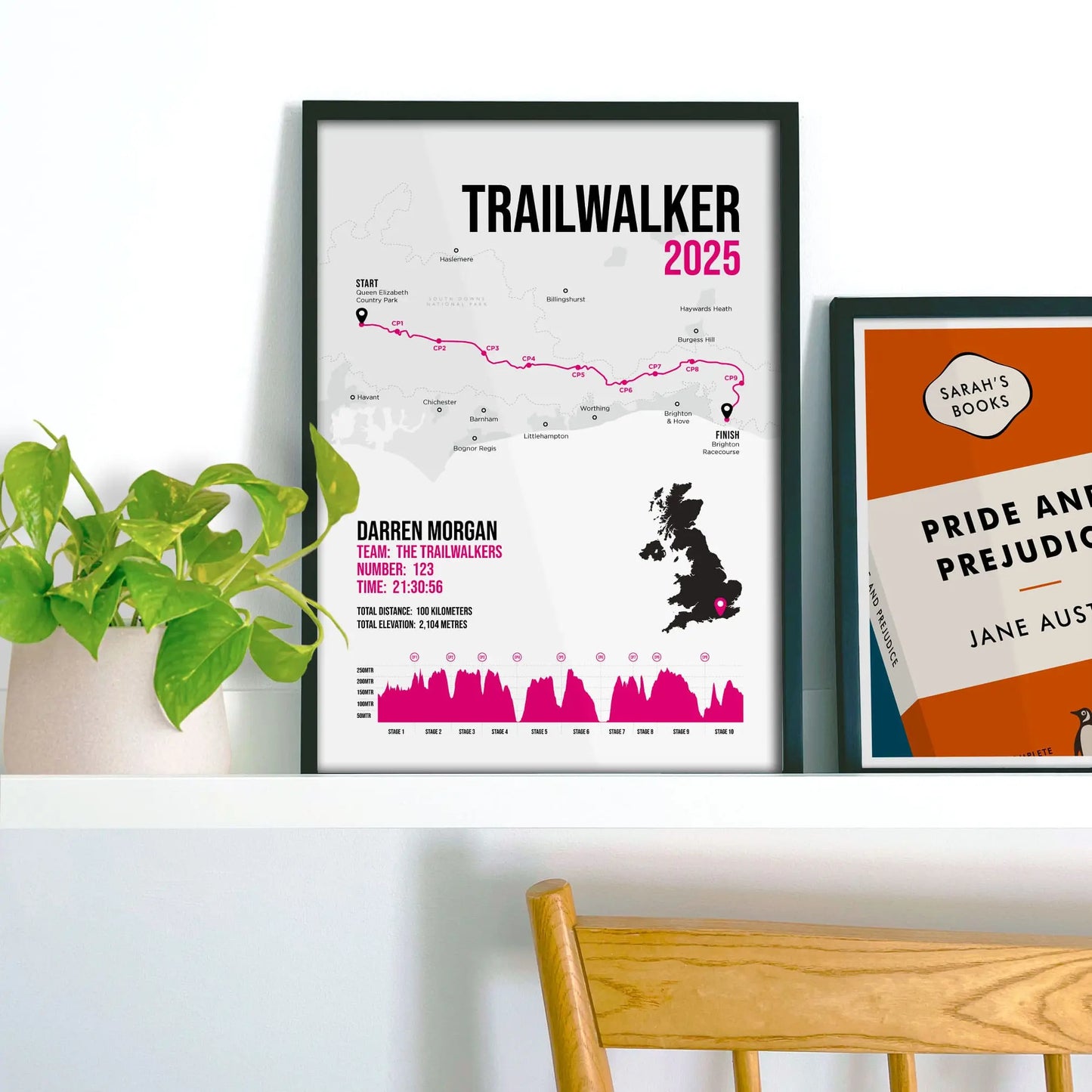 Framed print on a shelf beside a houseplant