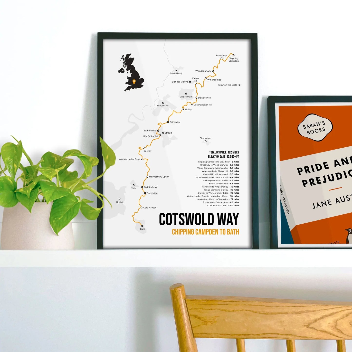 Framed picture on shelf beside houseplant