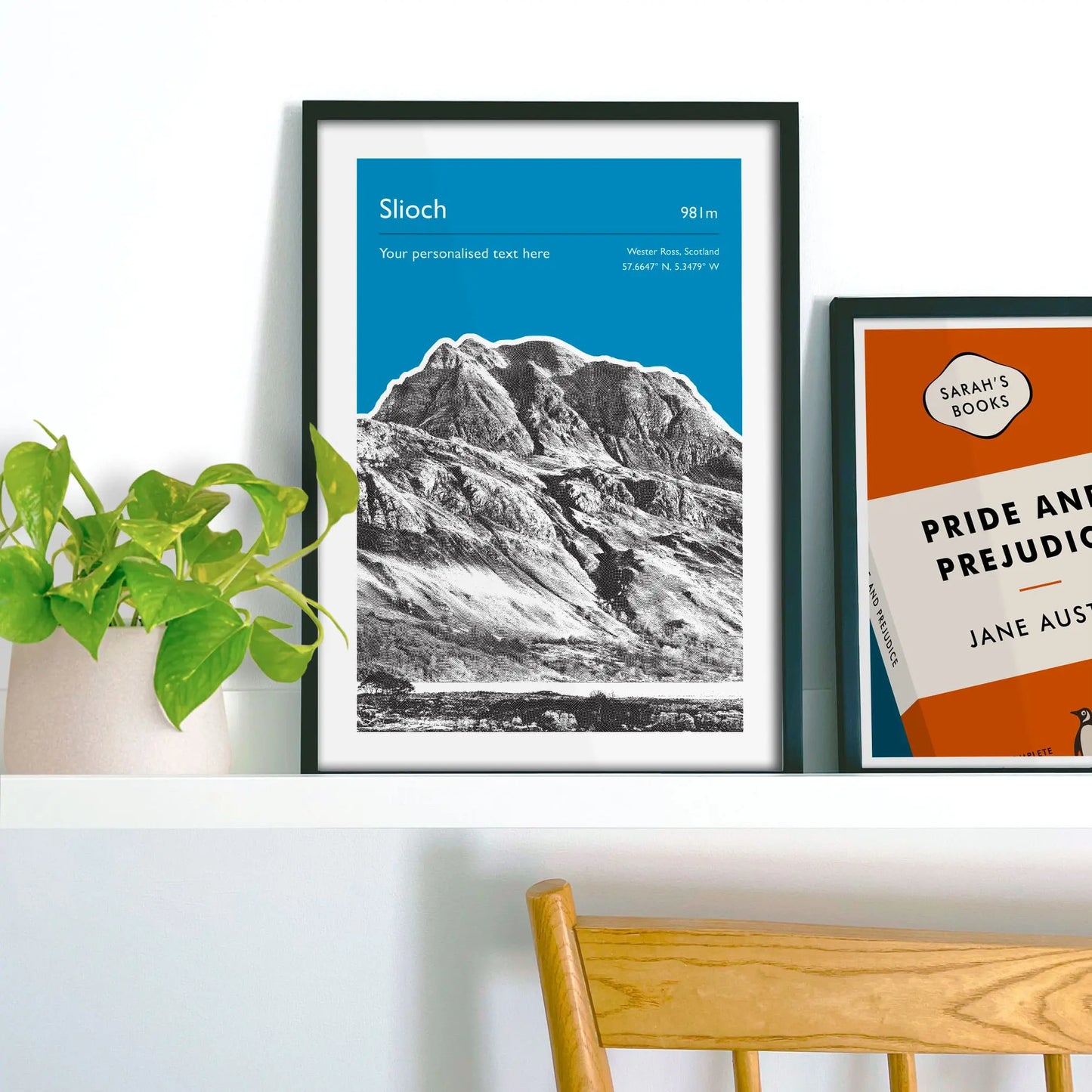 Framed picture on shelf beside a houseplant and another print.