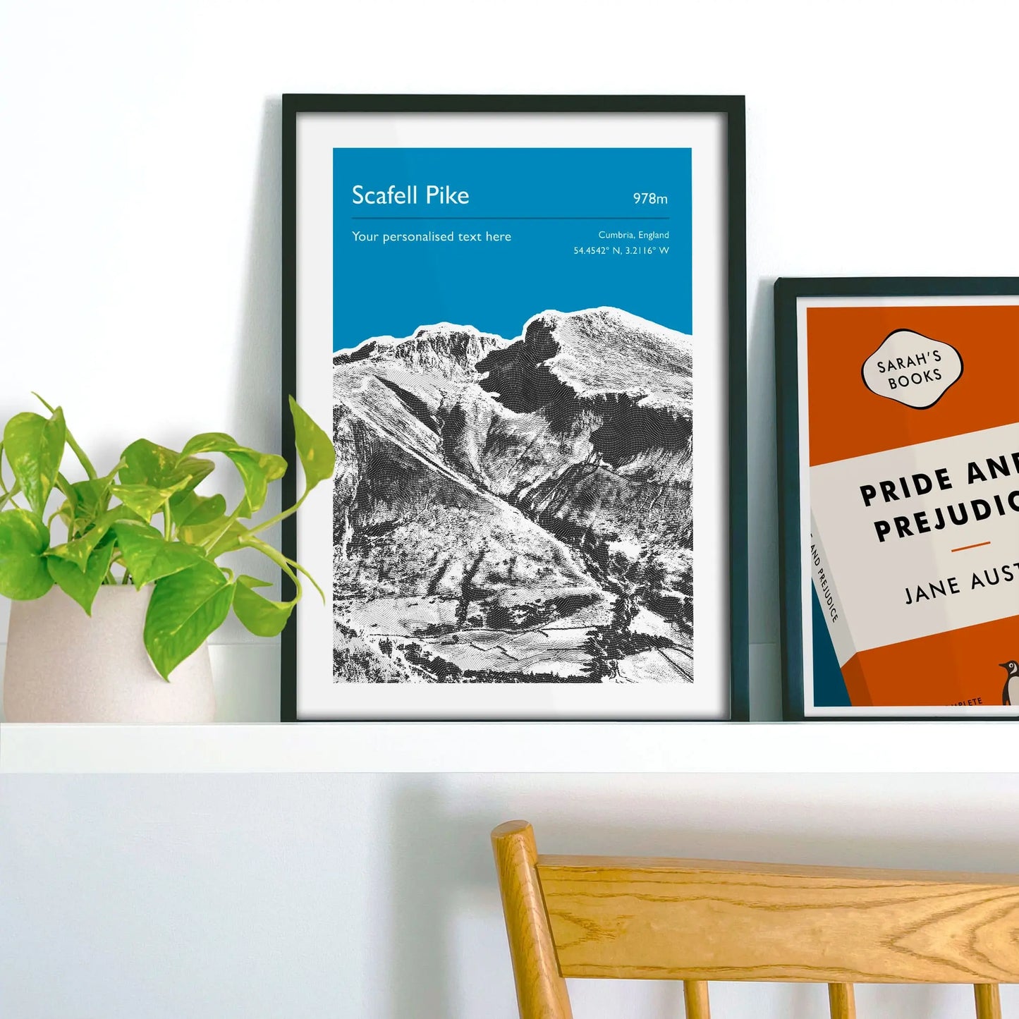 Framed picture on shelf beside a houseplant and another print.