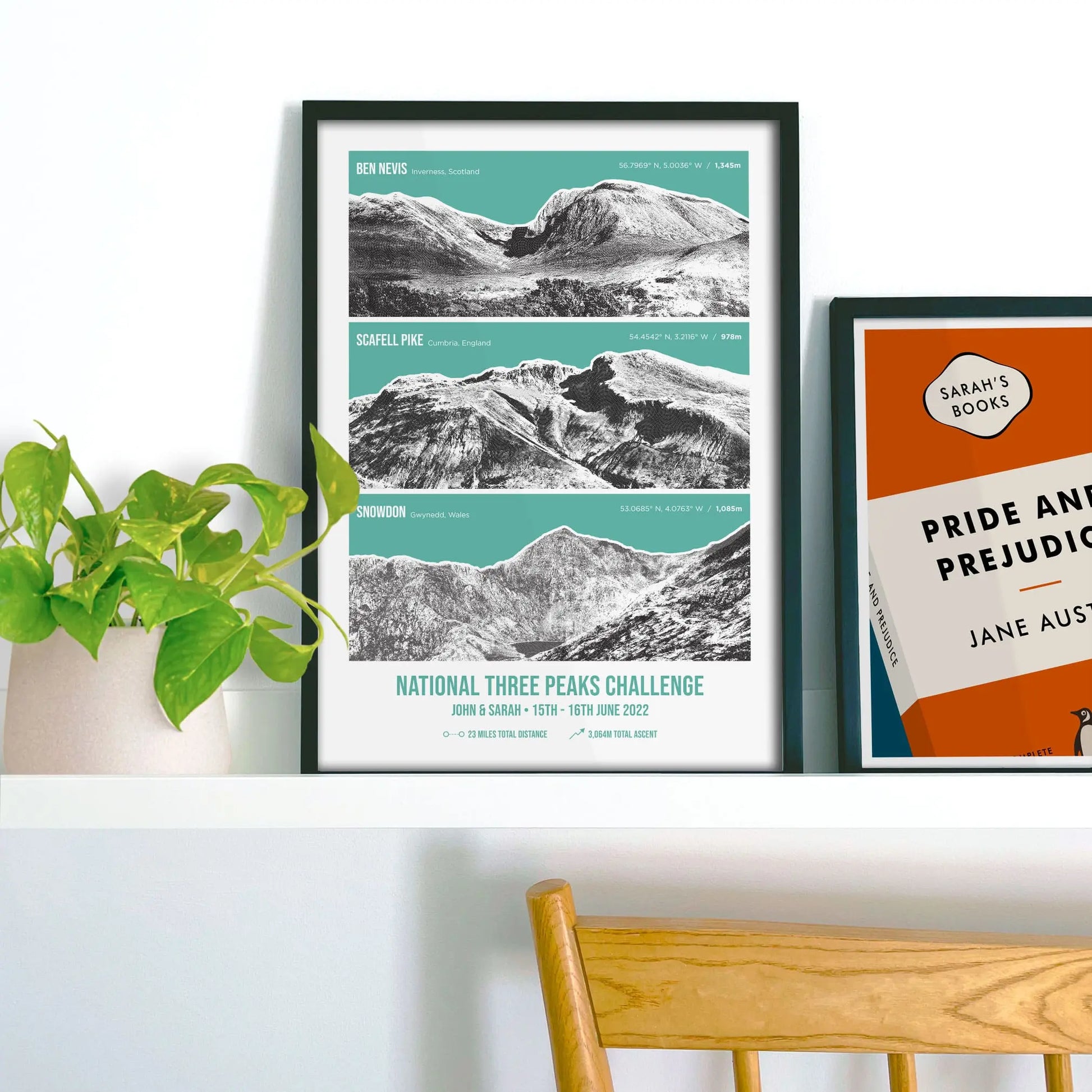 Framed print on shelf beside houseplant and another framed picture.