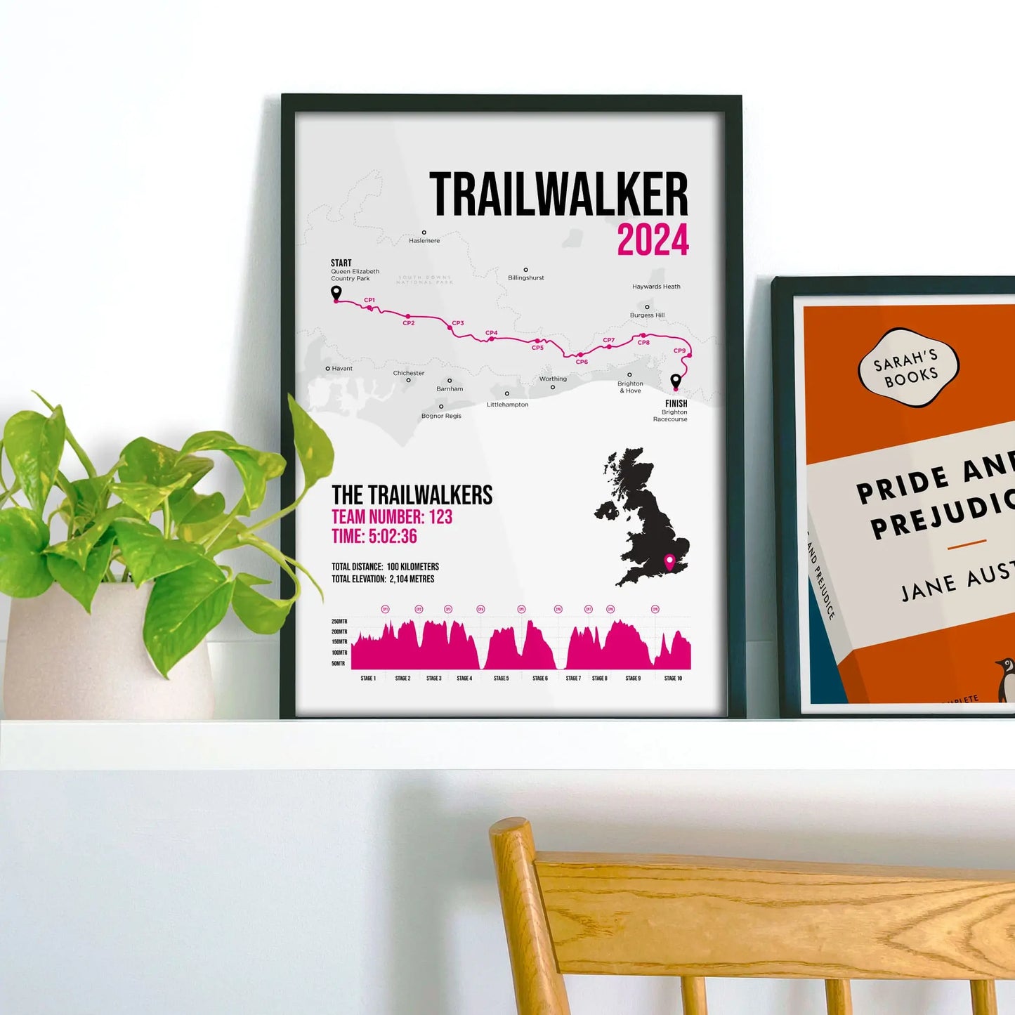 Framed print on a shelf beside a houseplant
