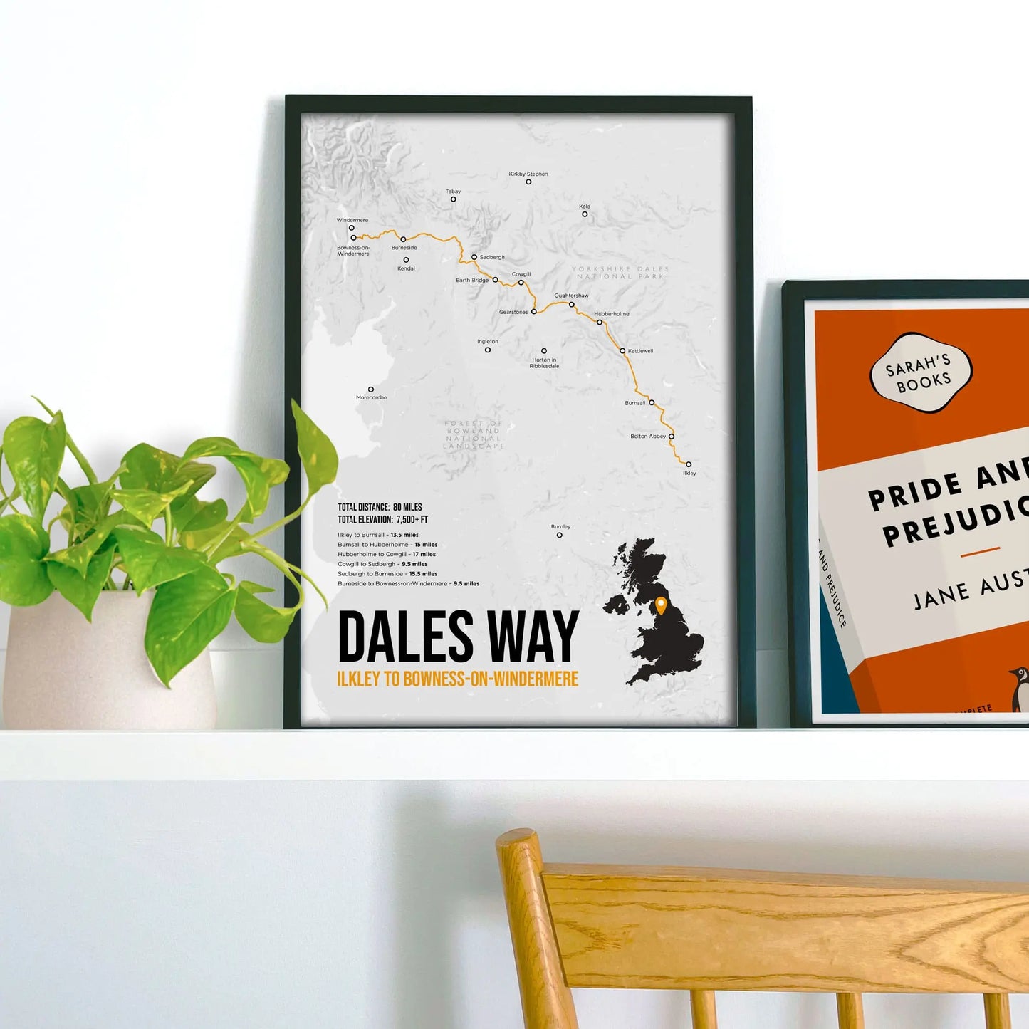 Framed picture on shelf beside a houseplant and another print.