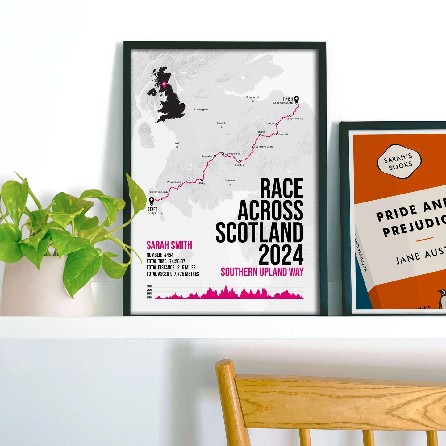 Race Across Scotland print on a shelf in a frame