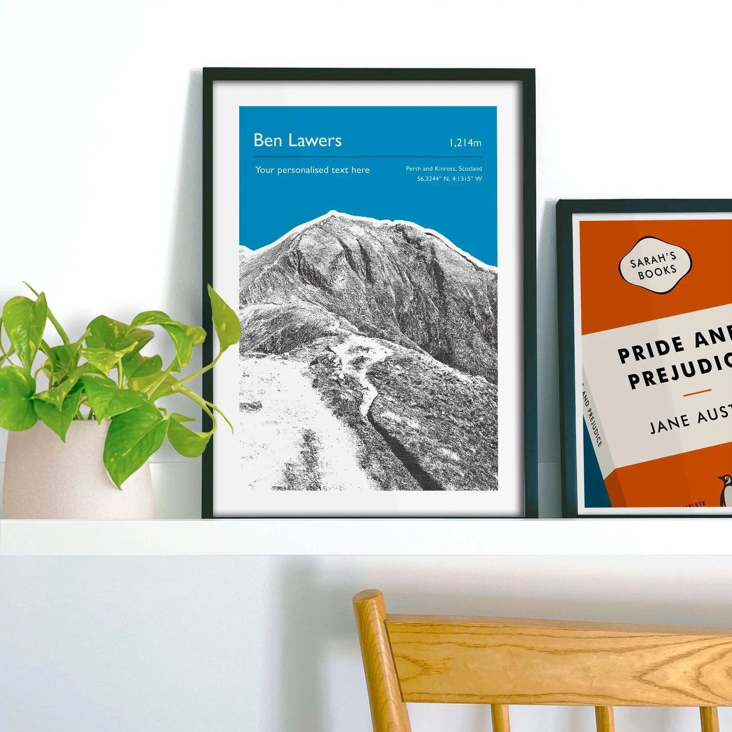 Framed picture on shelf beside a houseplant and another print.