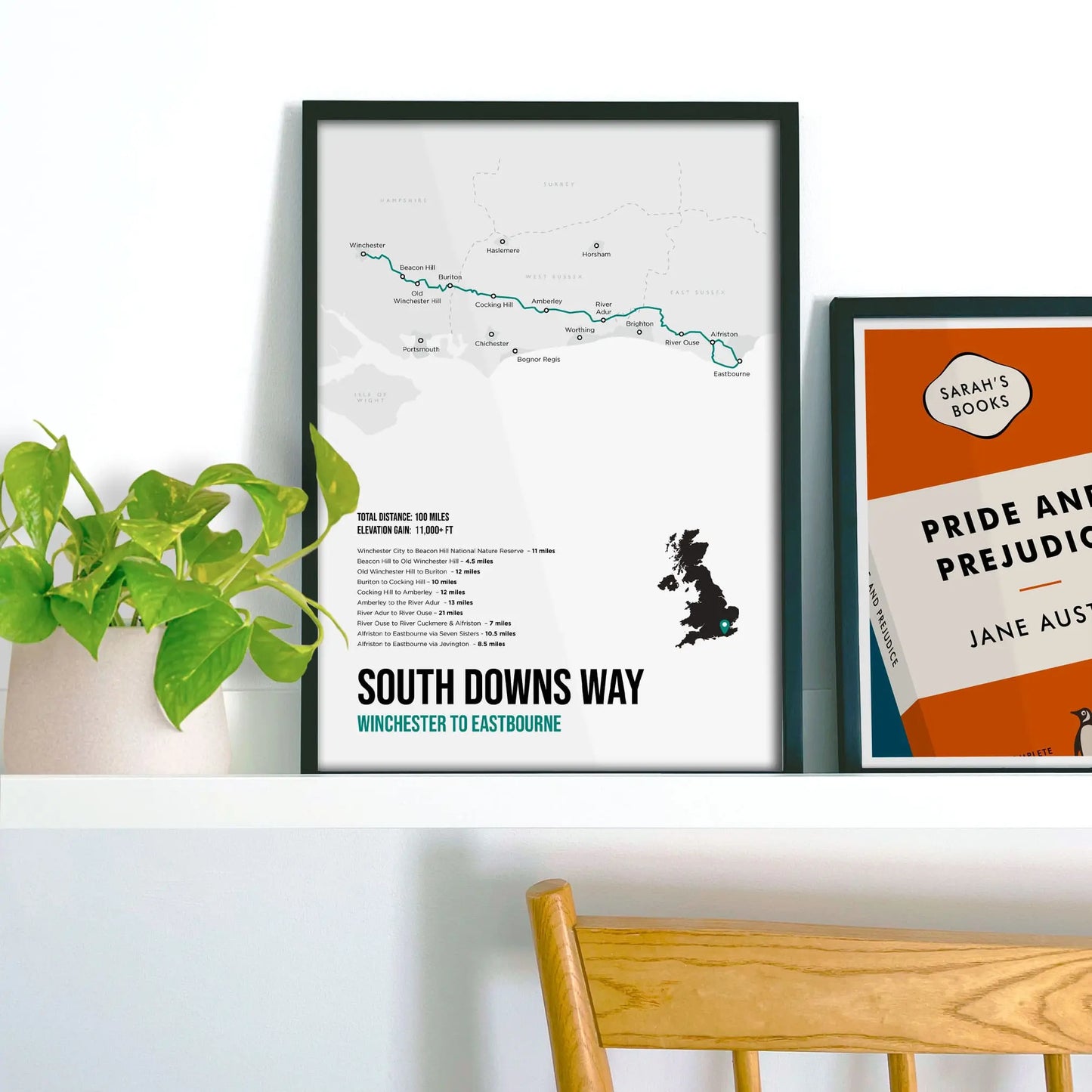 Framed picture on shelf beside a houseplant and another print.