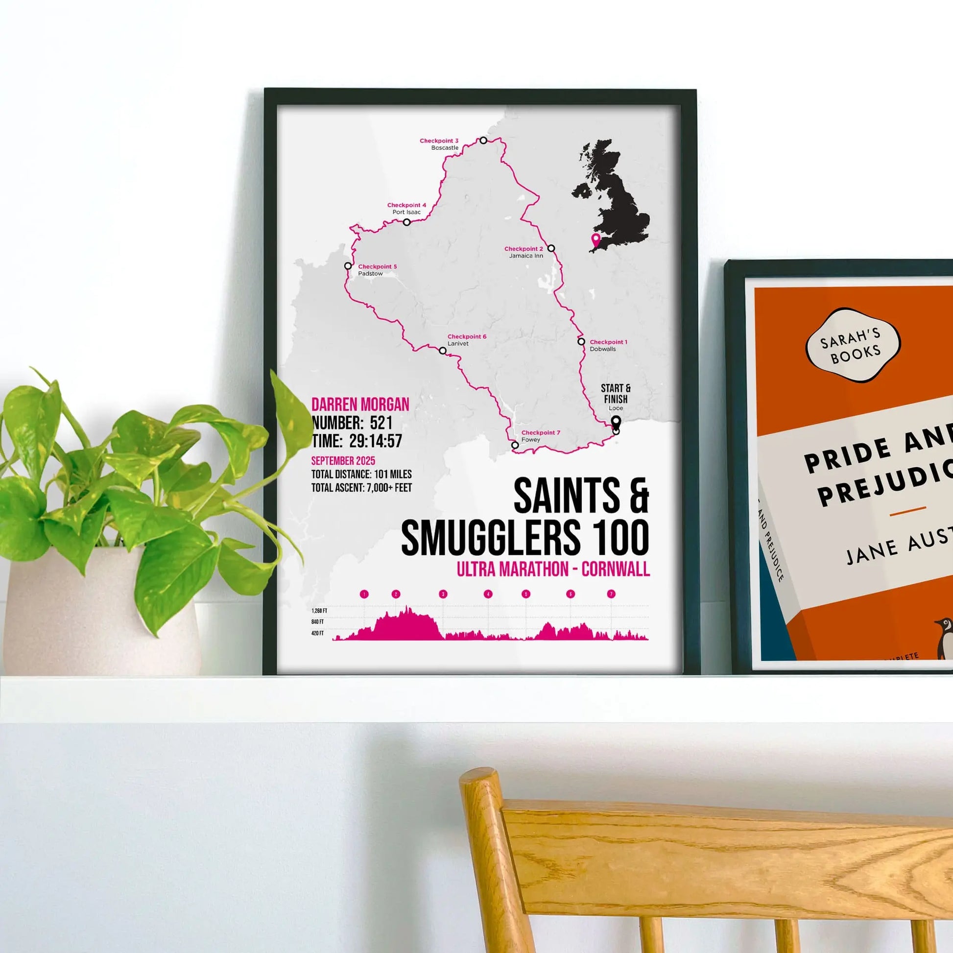 Print on shelf beside a plant and smaller print