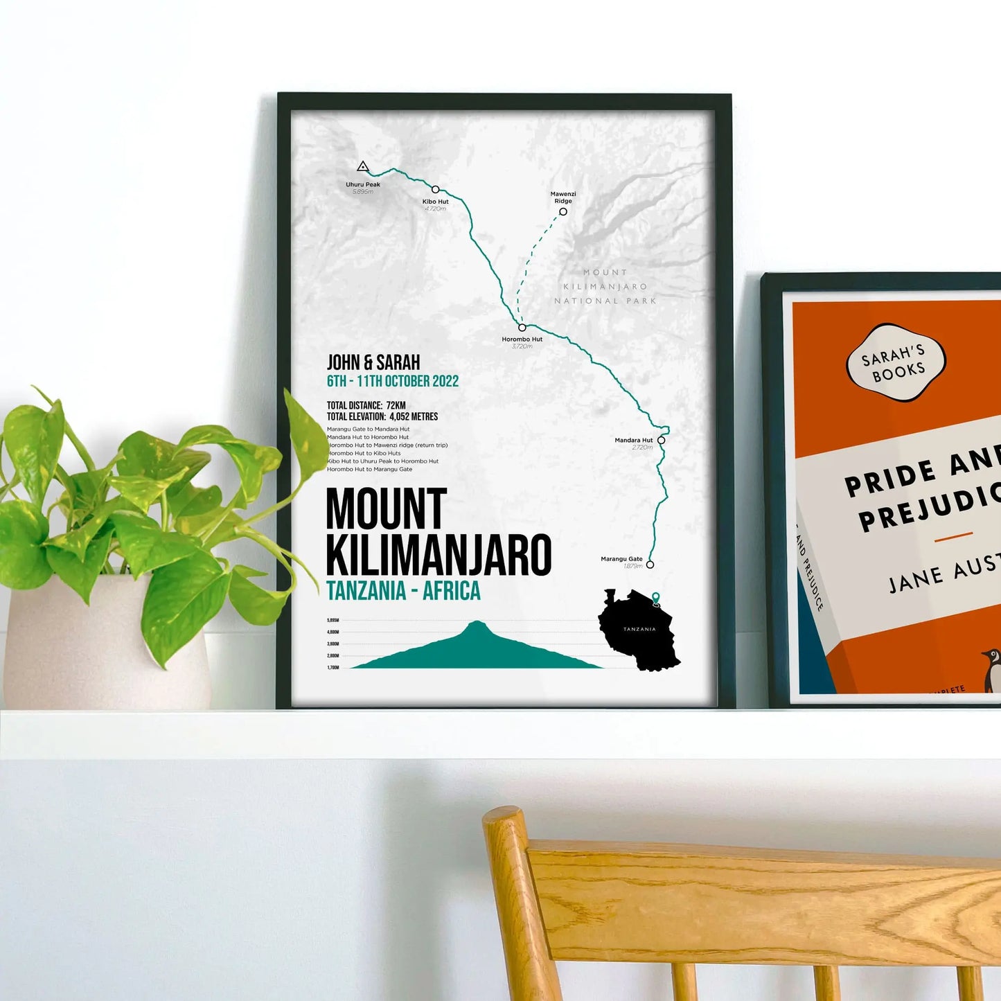 Framed picture on shelf beside a houseplant and another print.