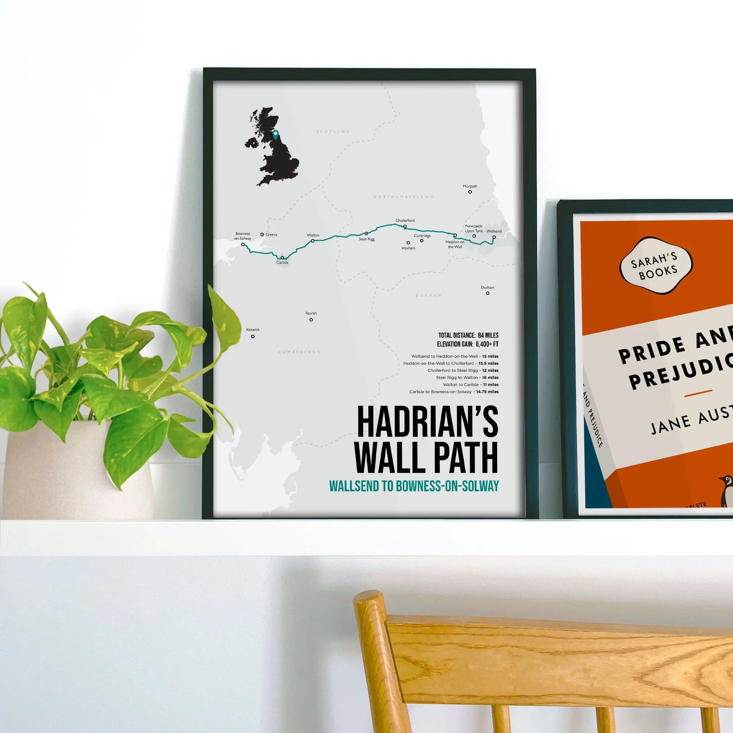 Framed picture on shelf beside a houseplant and another print.