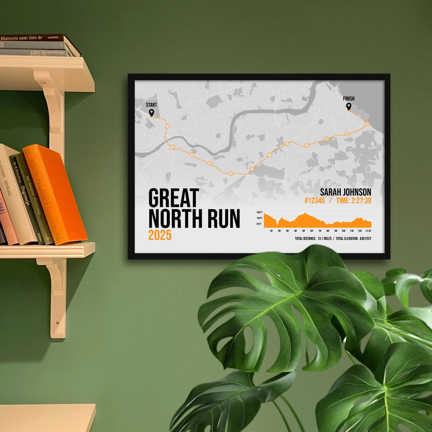 Framed print on green wall besides shelving and houseplant