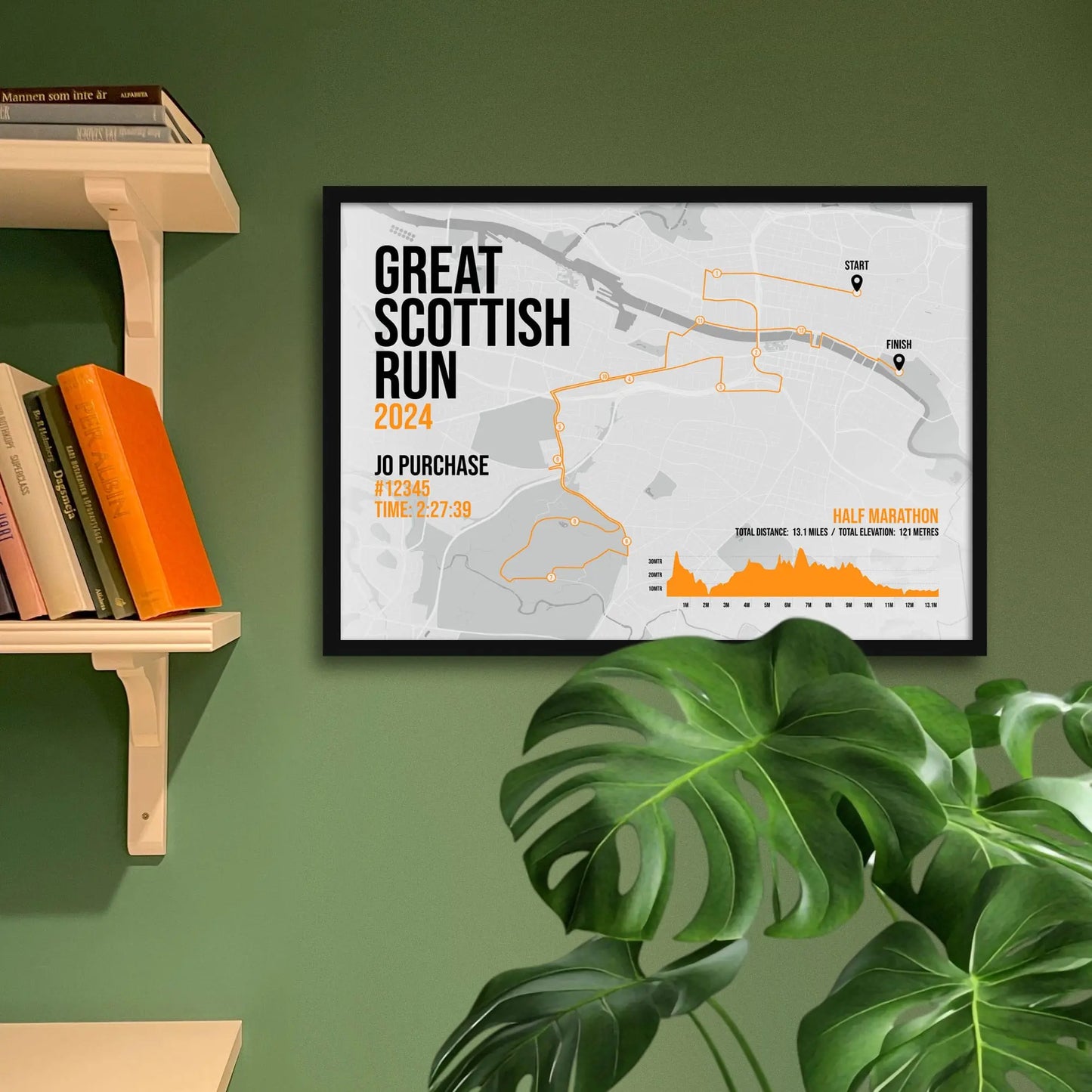 Framed art print on a green wall beside shelves.