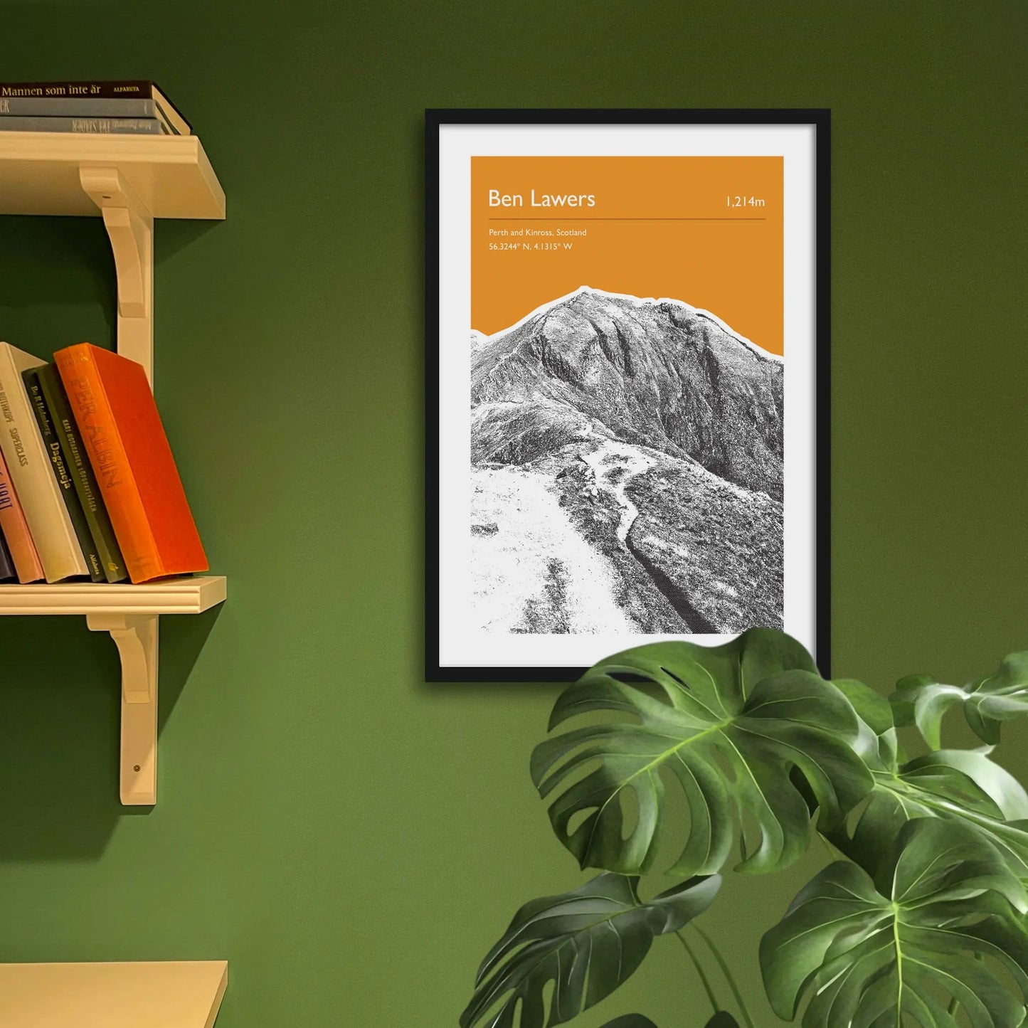Framed art print on a green wall beside shelves.