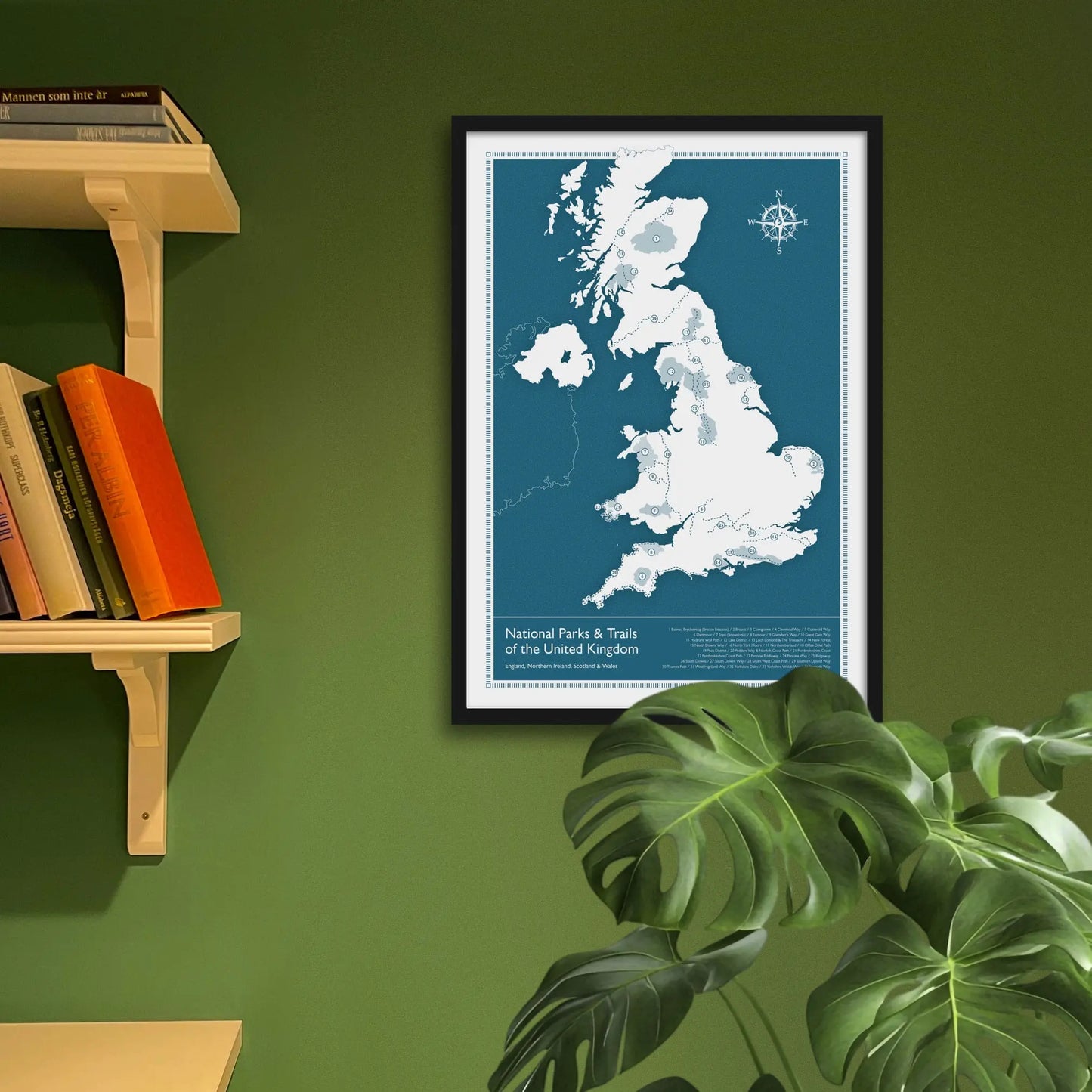 Framed art print on a green wall beside shelves.