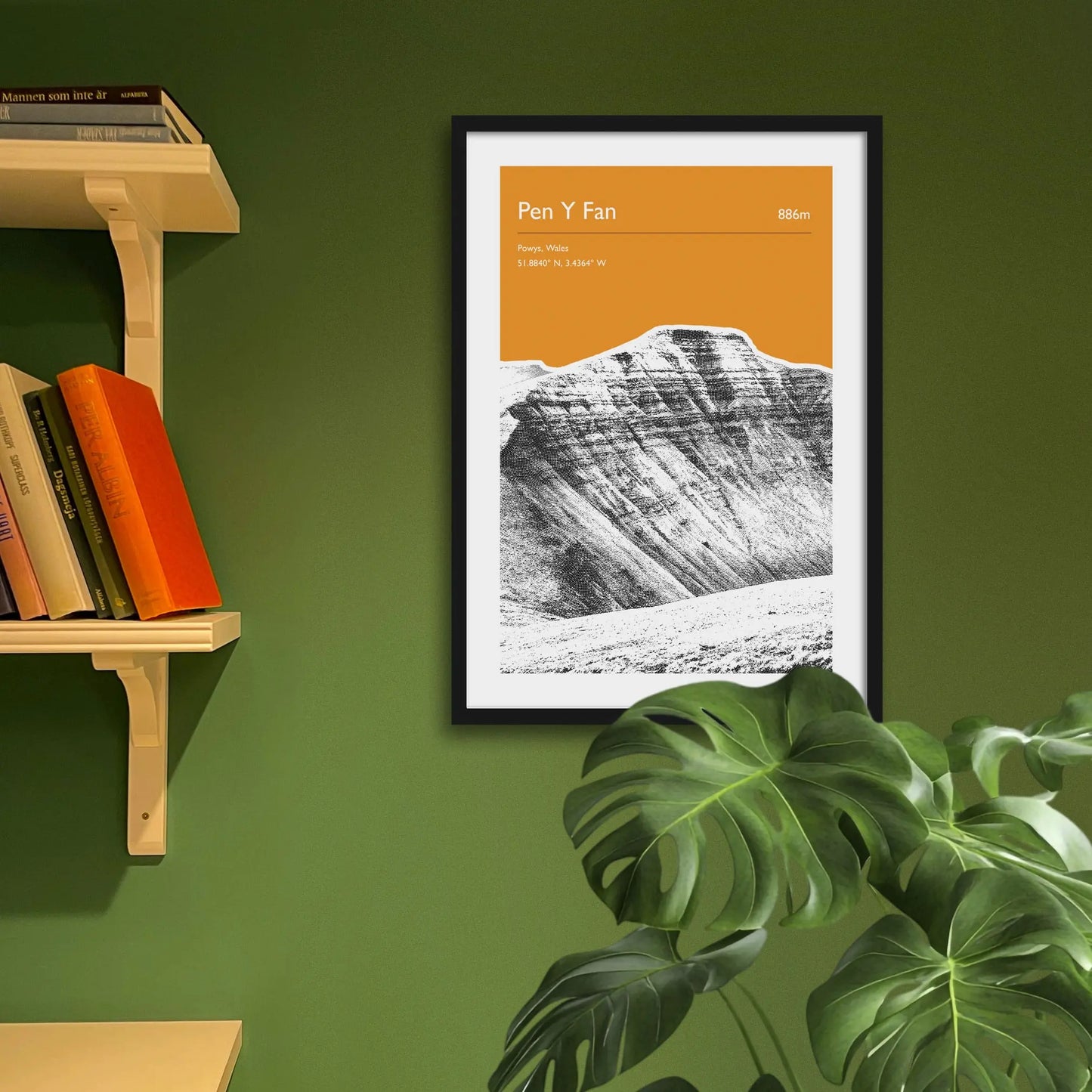 Framed art print on a green wall beside shelves.