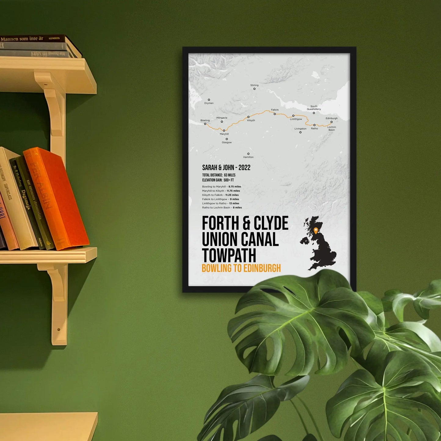 Framed print on green wall beside shelves behind houseplant.