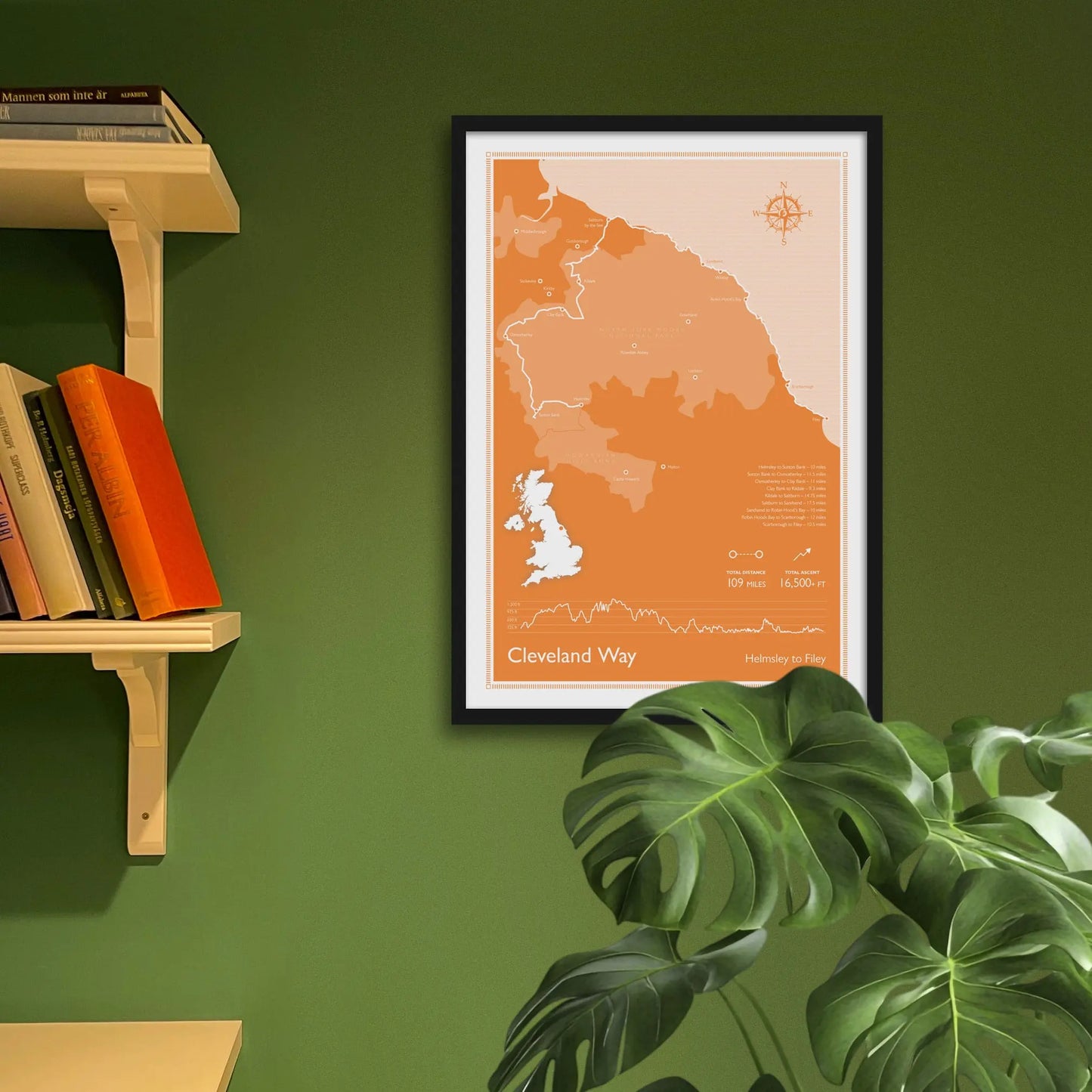 Framed print hanging on green wall beside shelves