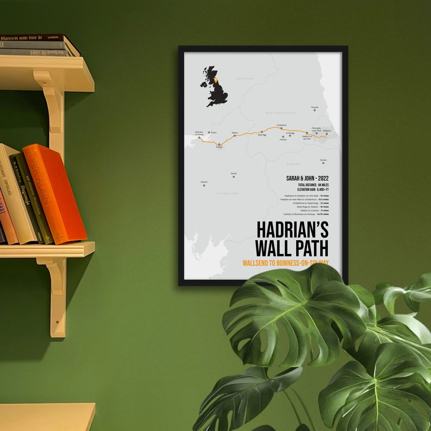 Framed art print on a green wall beside shelves.