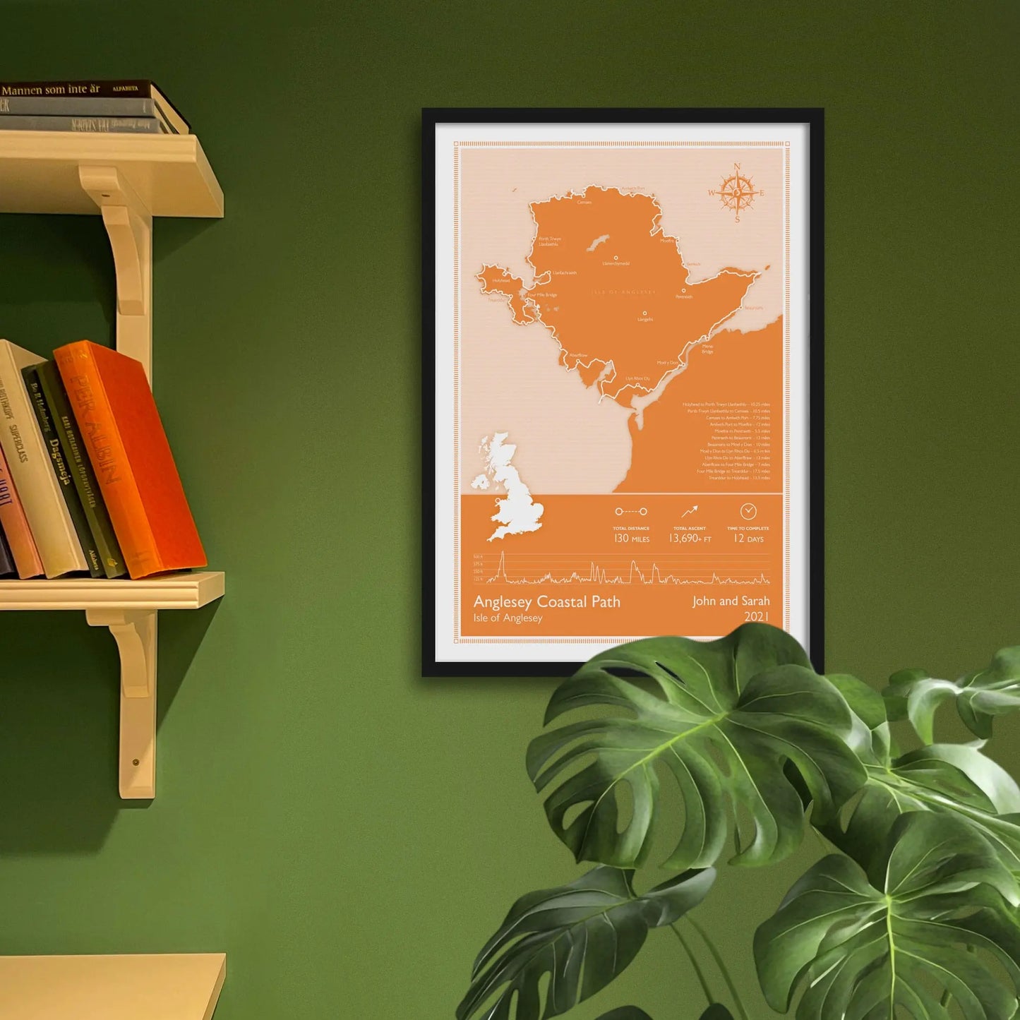 Framed map of Anglesey Coastal Path on a green wall with books and a plant.