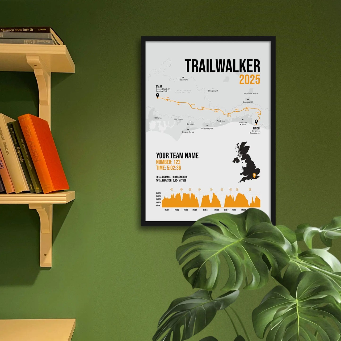 Framed print on green wall beside shelves behind a large houseplant