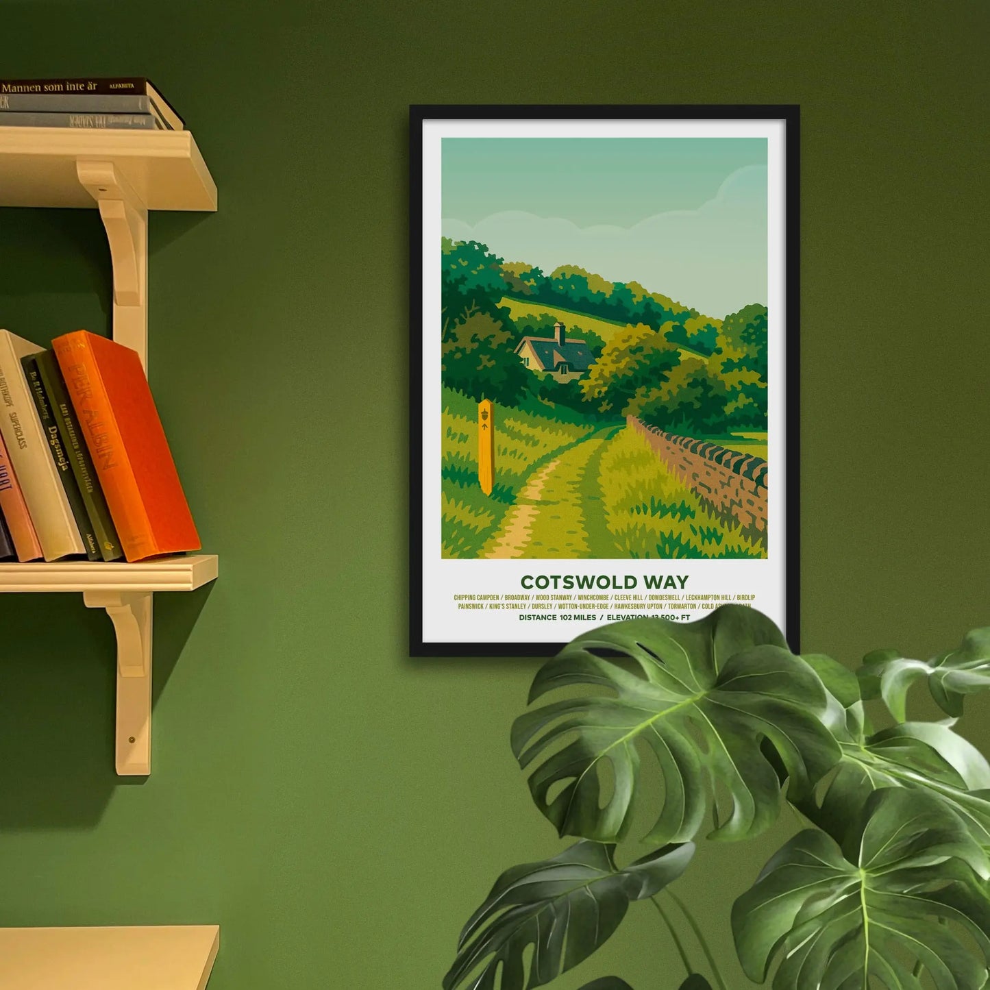 Framed art print on a green wall beside shelves.