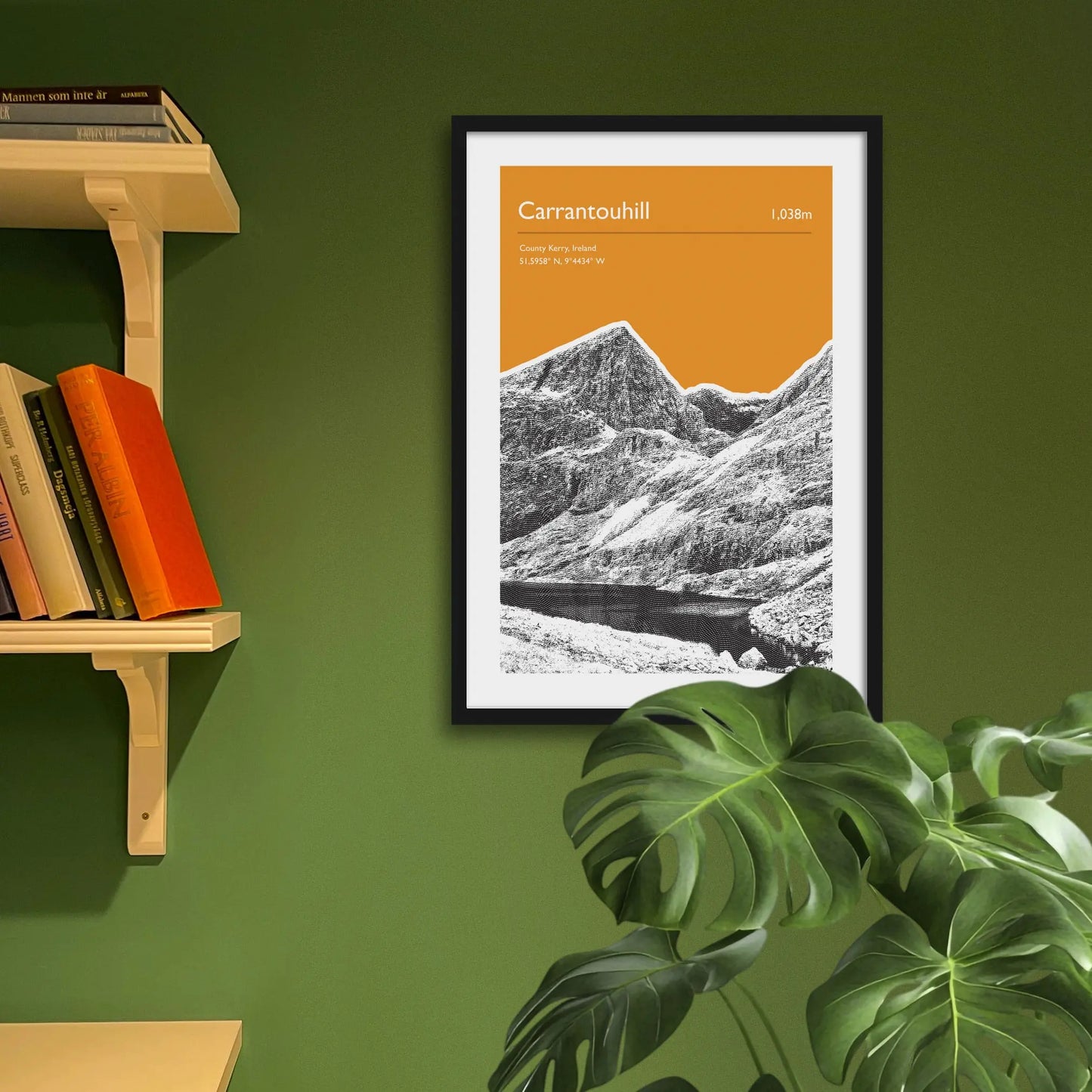 Framed art print on a green wall beside shelves.