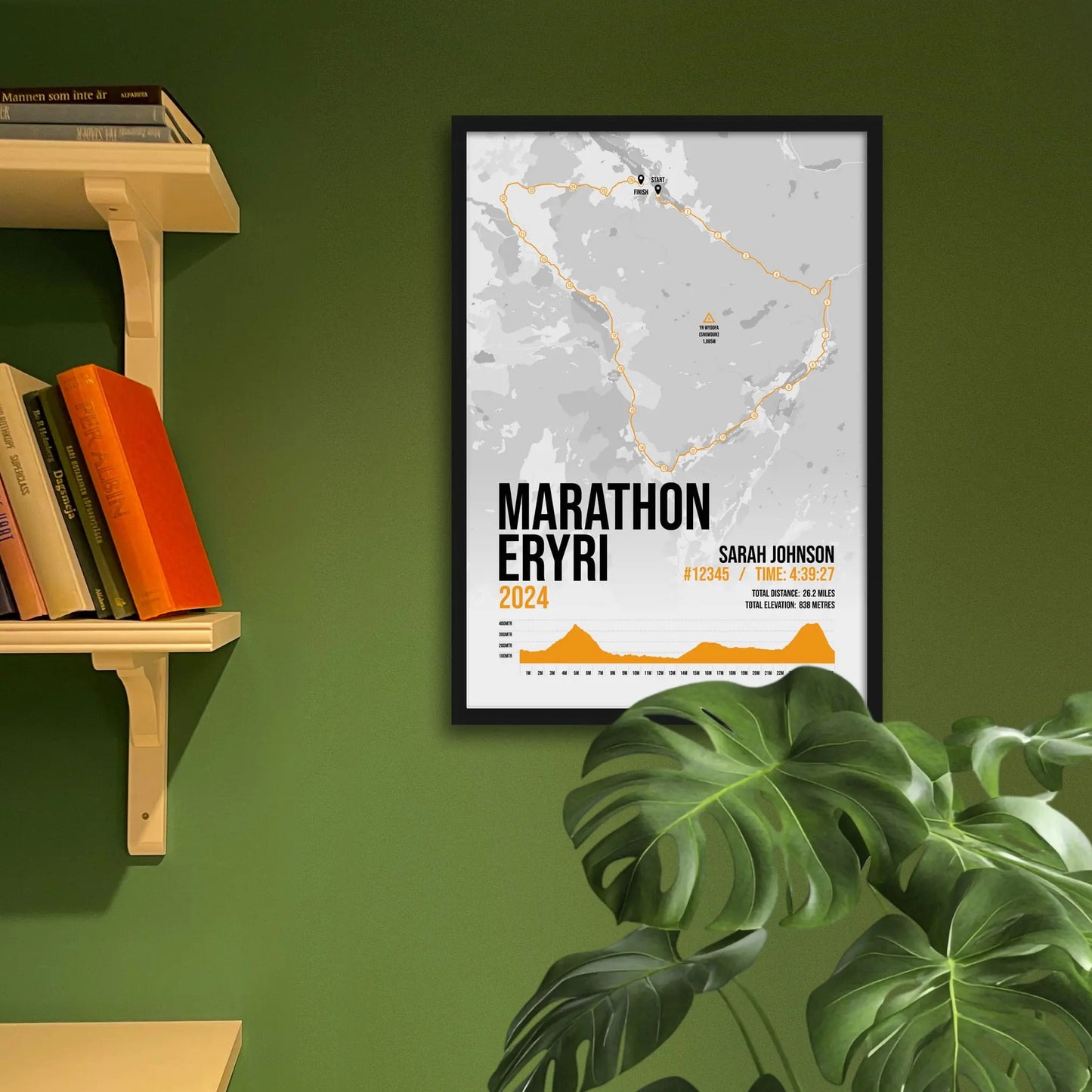 Framed art print on a green wall beside shelves.