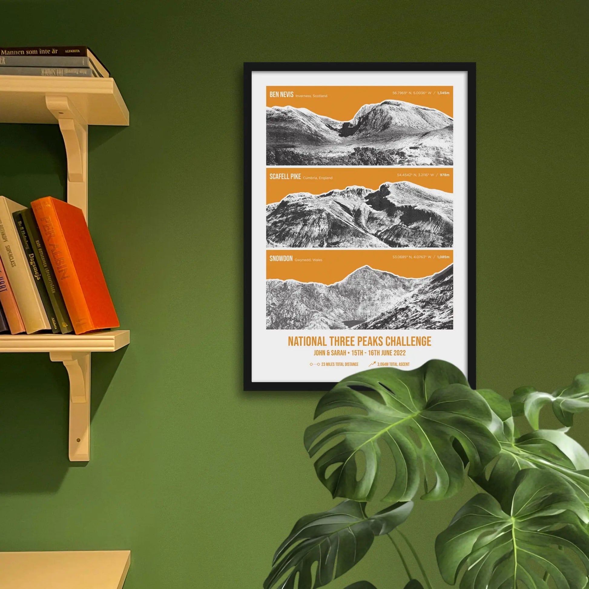 Framed picture on green wall beside wooden shelves